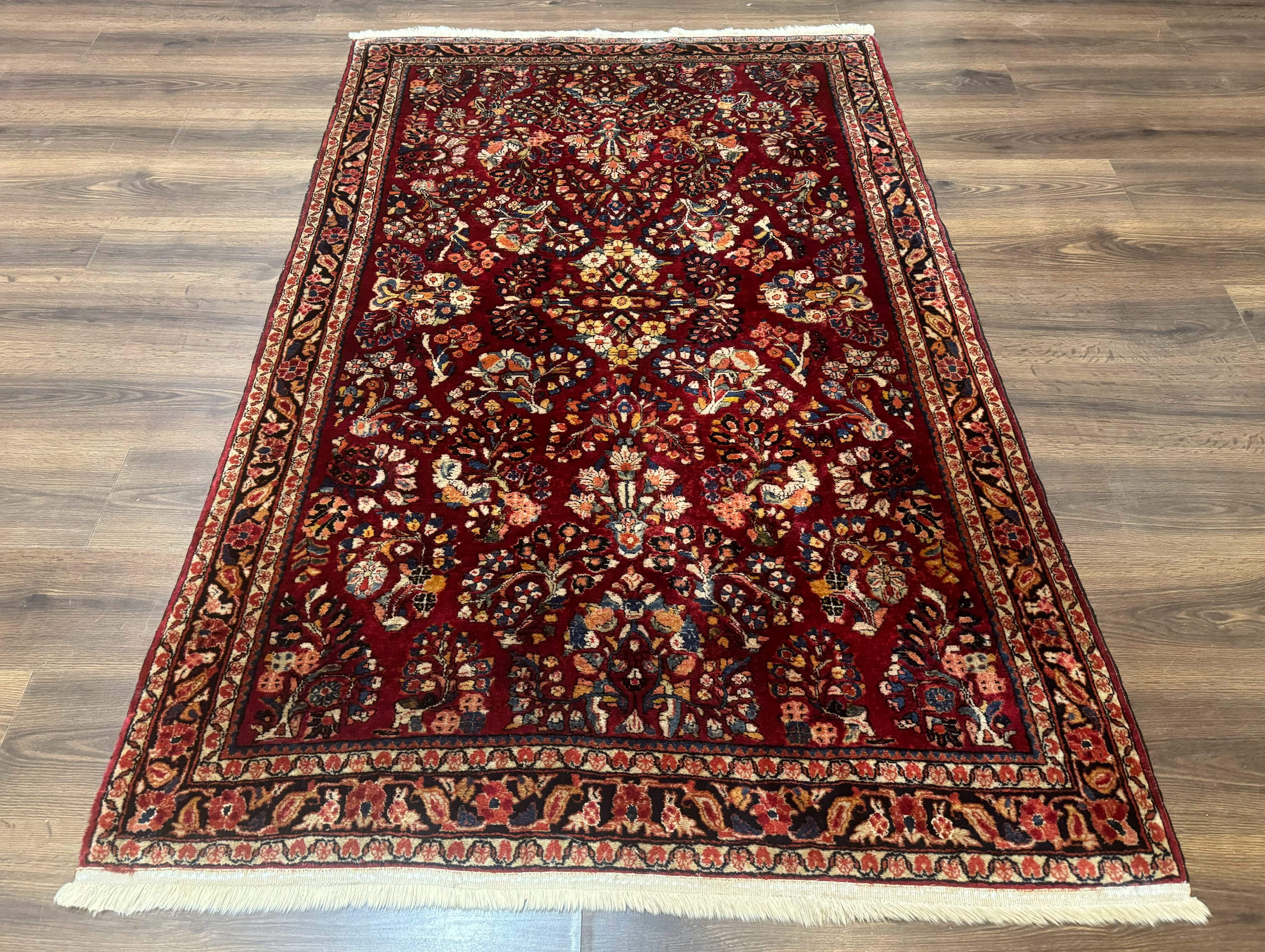 Antique Persian Sarouk Rug 4x6, Floral, Red, Wool Hand Knotted Fine 225 KPSI - Jewel Rugs