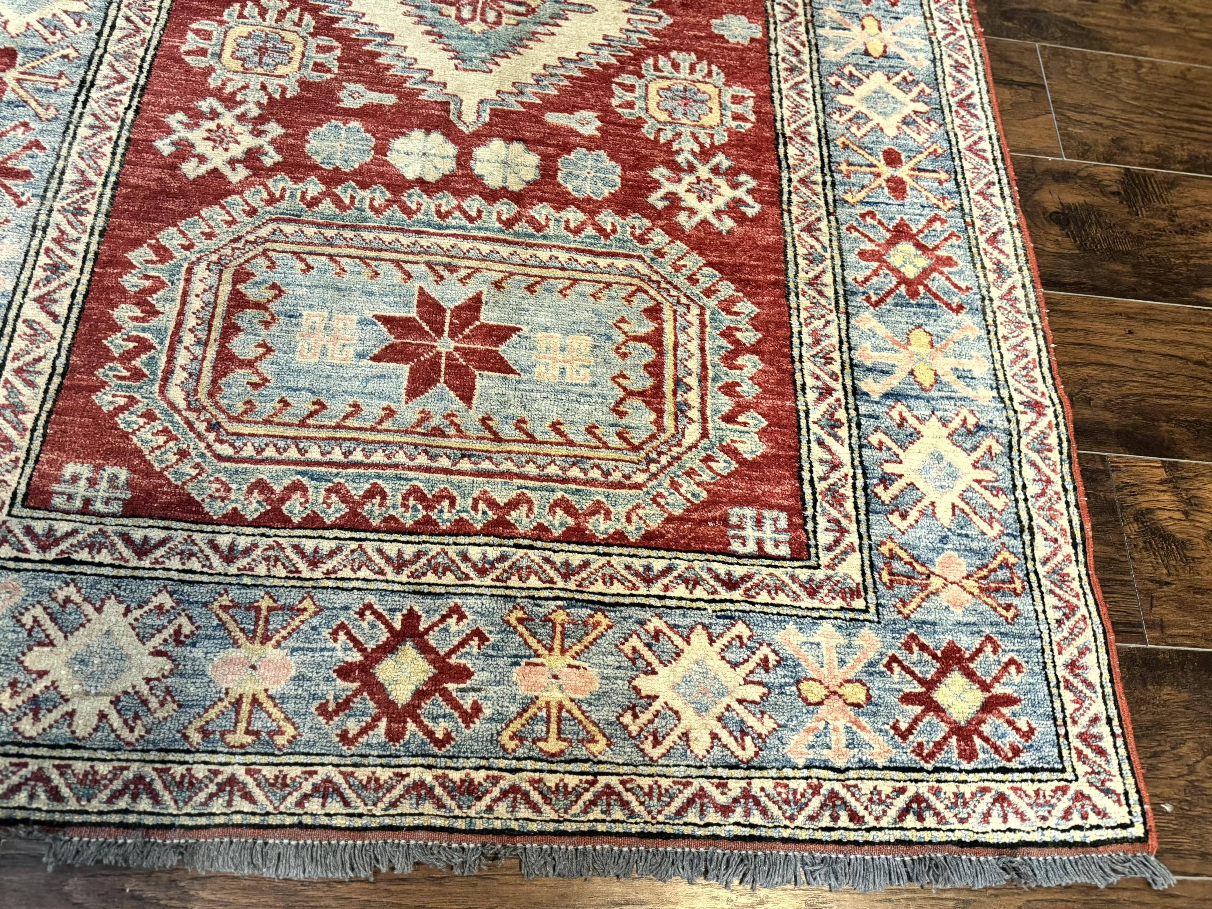 Turkish Kazak Rug 4x6, Handmade Vintage Wool Carpet, Geometric Design, Red and Light Blue - Jewel Rugs