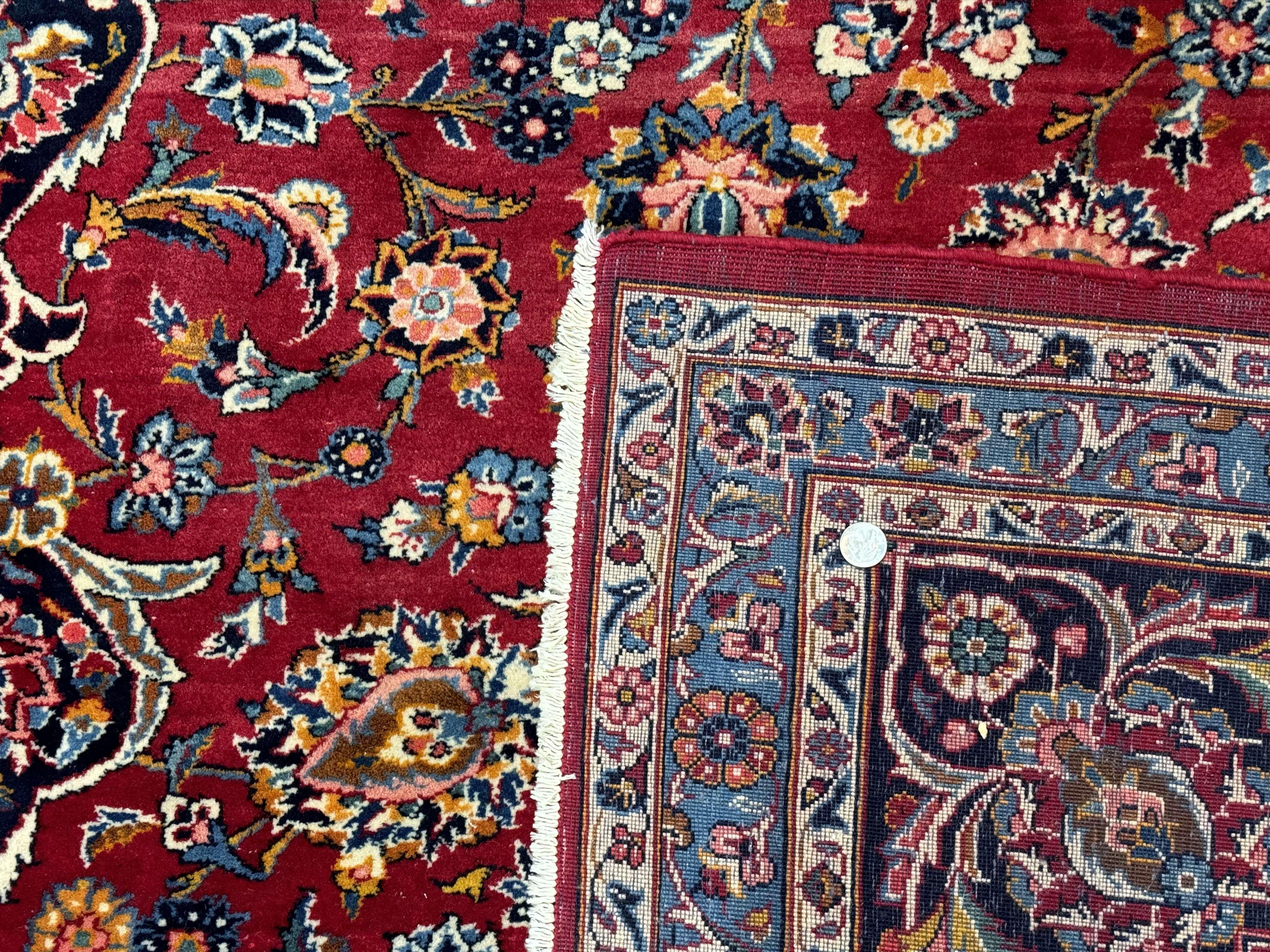 Large Persian Kashan Rug 11x14, Traditional Persian Carpet, Wool, Fine 250 KPSI, Red Navy Blue - Jewel Rugs