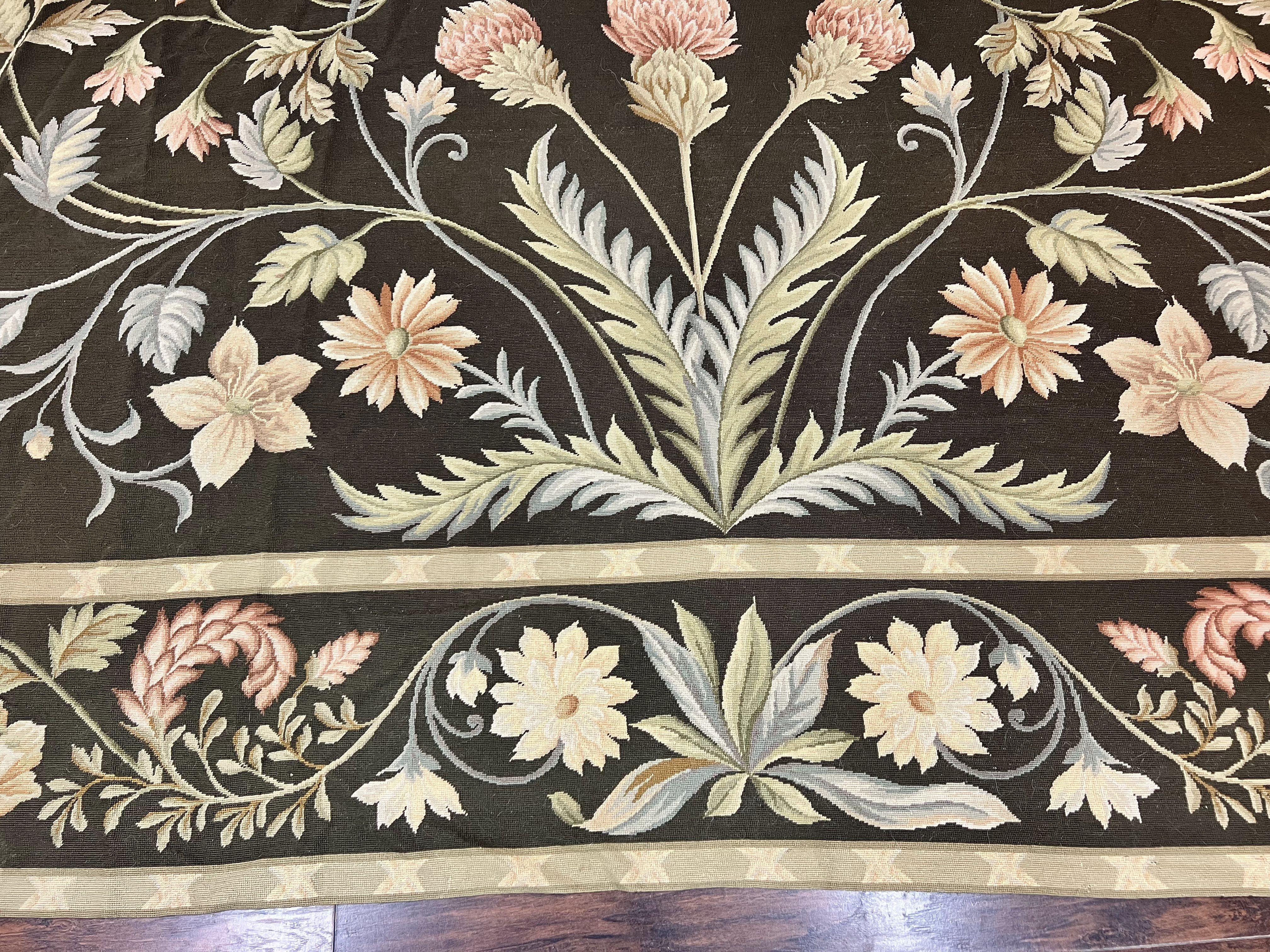 Large Needlepoint Rug 11x16, Dark Green Floral Elegant European Design Vintage Wool Handmade Carpet, Palace Size Rug - Jewel Rugs