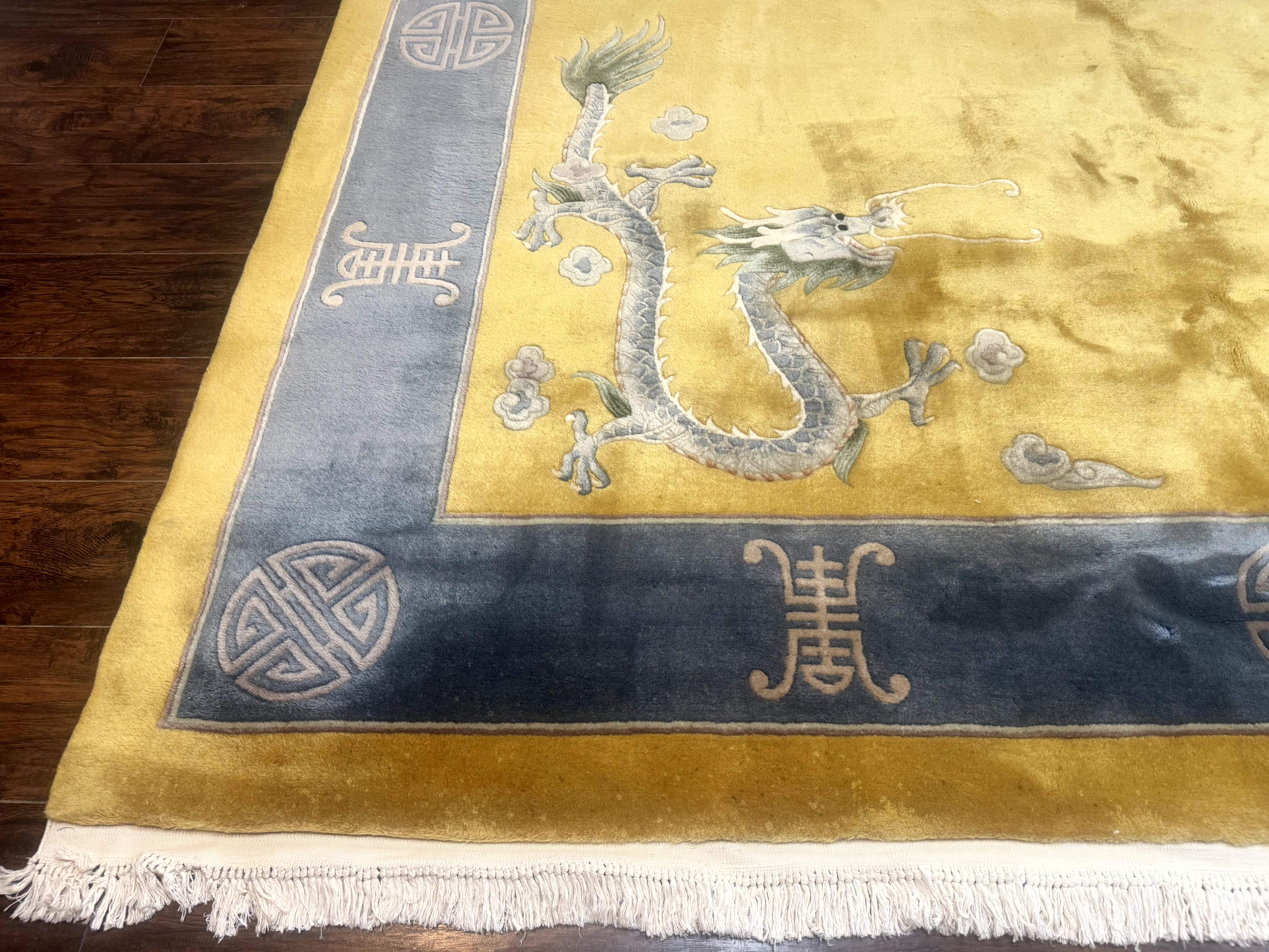 Chinese Wool Rug 9x12, Dragons and Center Medallion, Minimalistic Design, Gold and Light Blue, Peking Rug, 90 Line - Jewel Rugs