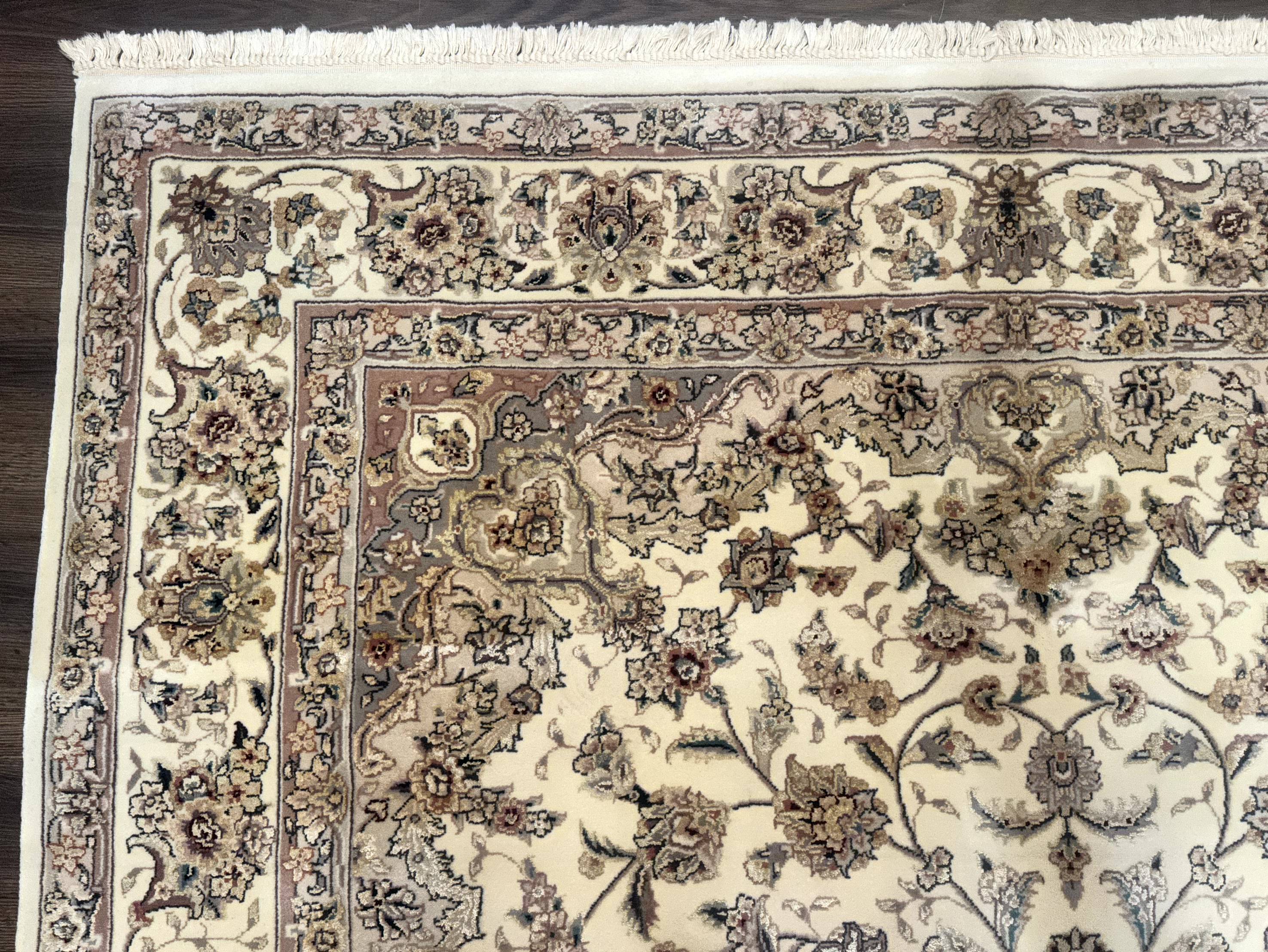 Sino Persian Rug 6x9, Floral Medallion, Ivory & Taupe, Wool with Silk Highlights, Fine 210 KPSI - Jewel Rugs
