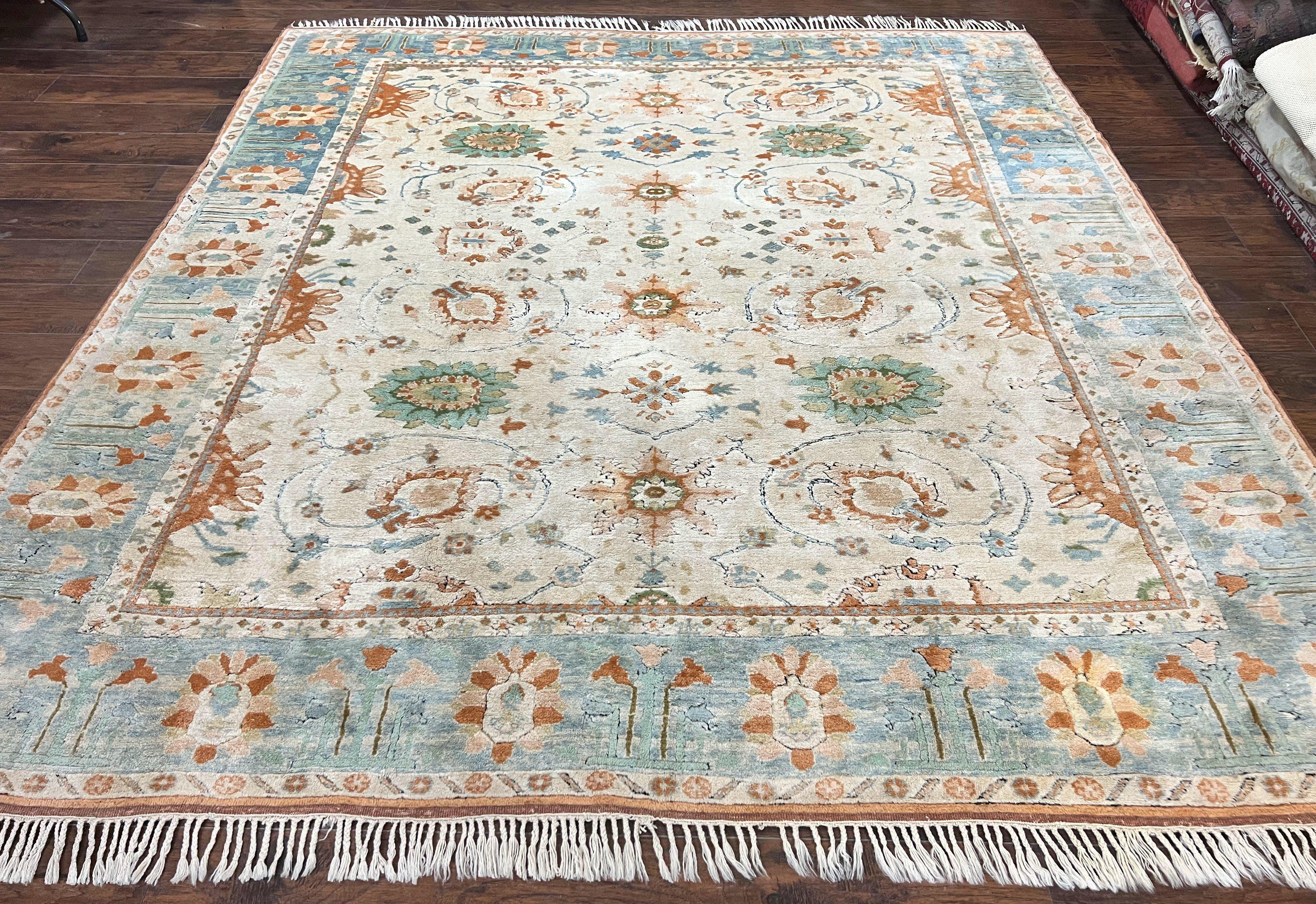 Turkish Oushak Rug 9x10, Neutral Colors, Wool Hand Knotted Vintage Handmade Oriental Carpet, Floral Allover, Farmhouse Rug, Beige Light Blue - Jewel Rugs