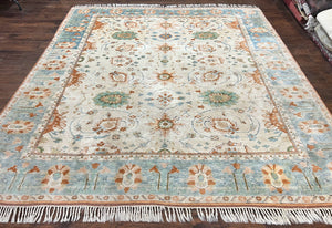 Turkish Oushak Rug 7x10, Neutral Colors, Wool Hand Knotted Vintage Handmade Oriental Carpet, Floral Allover, Farmhouse Rug, Beige Light Blue