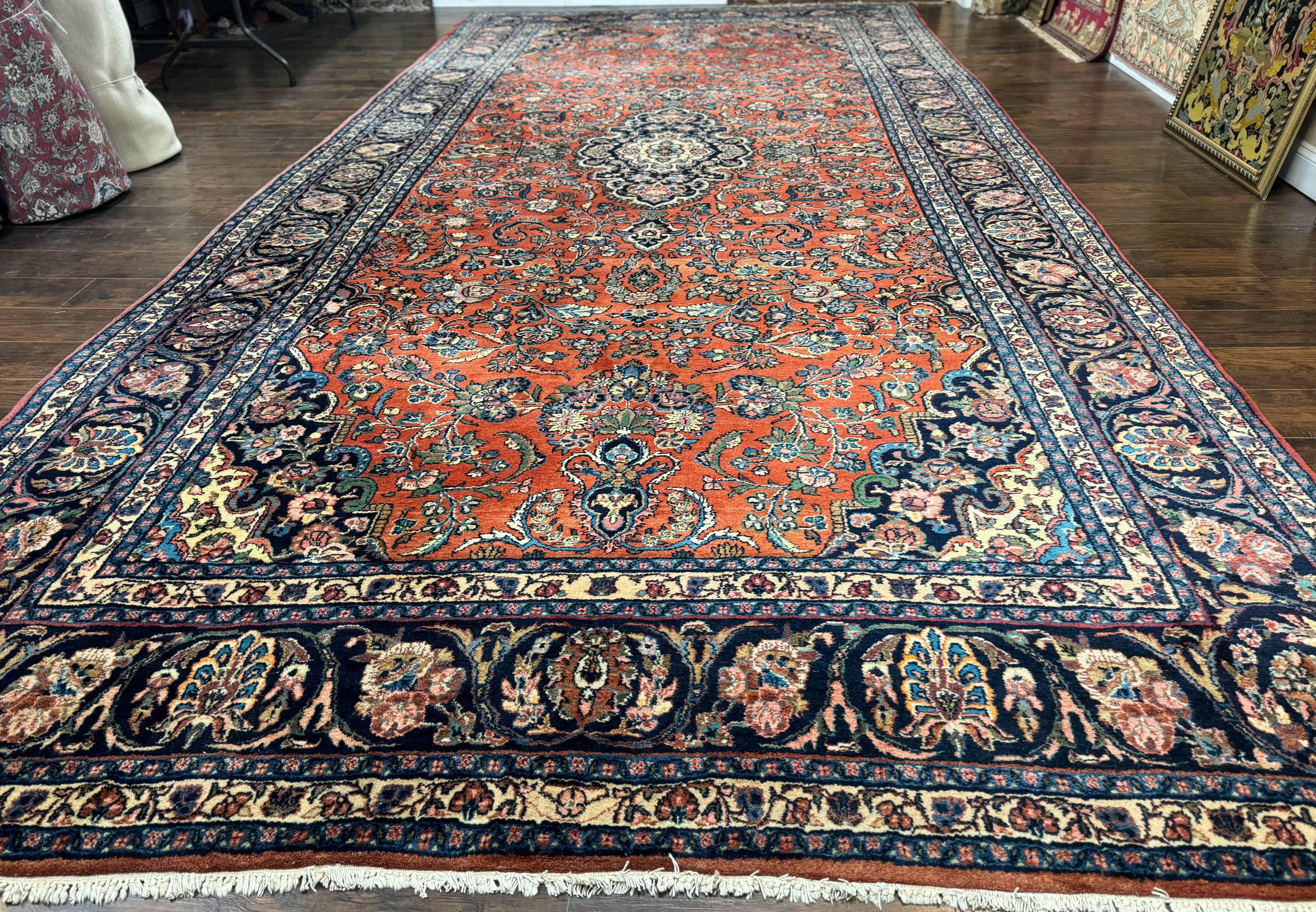 Palace Sized Antique Persian Rug 9x19, Handmade Wool Persian Carpet, Red Navy Blue, Floral Medallion - Jewel Rugs