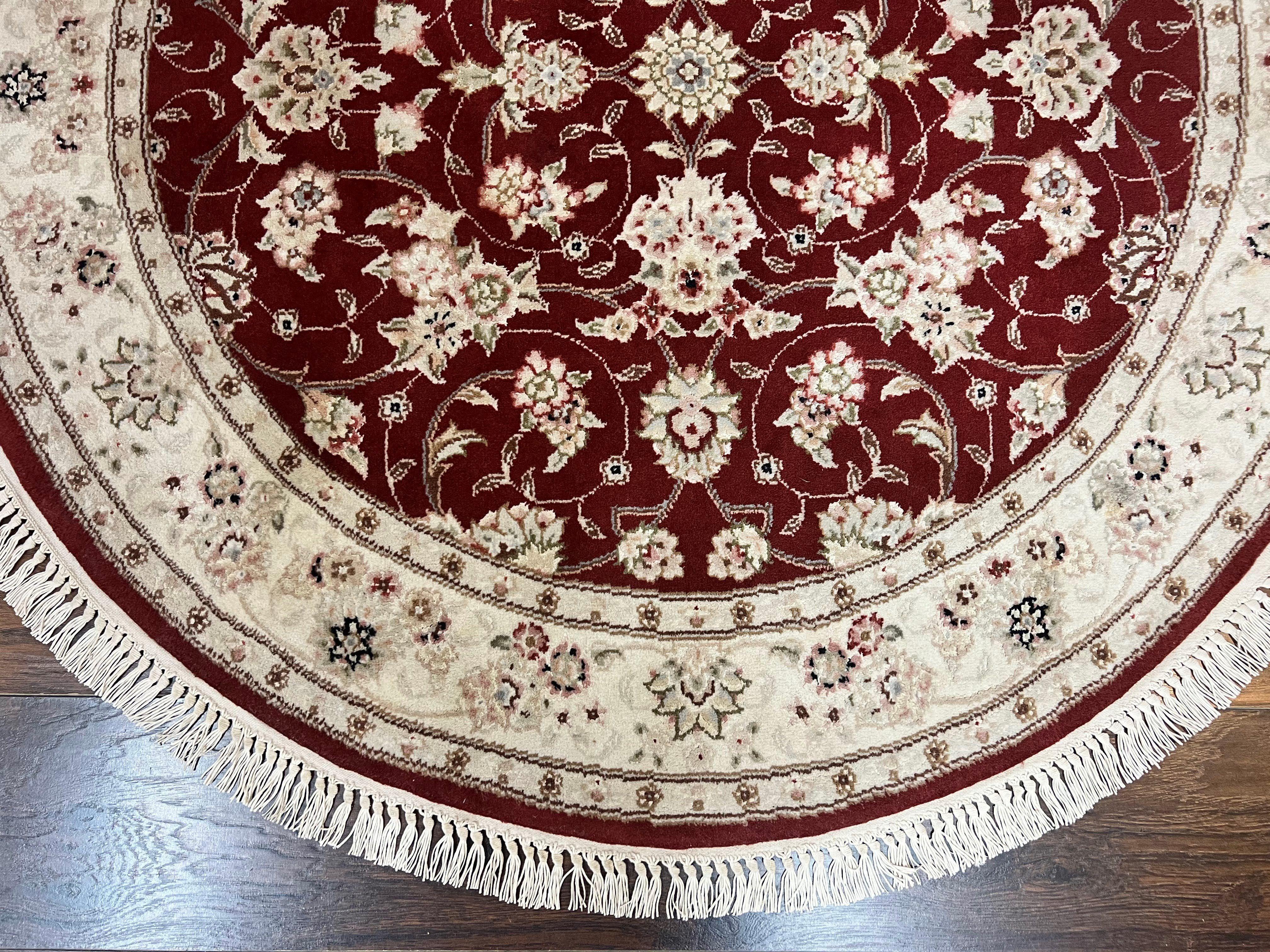 Sino Persian Round Rug 4x4, Wool Hand Knotted Oriental Carpet, Maroon & Ivory Vintage Rug, Floral Rug, Traditional Rug 4 x 4, Fine Rug - Jewel Rugs
