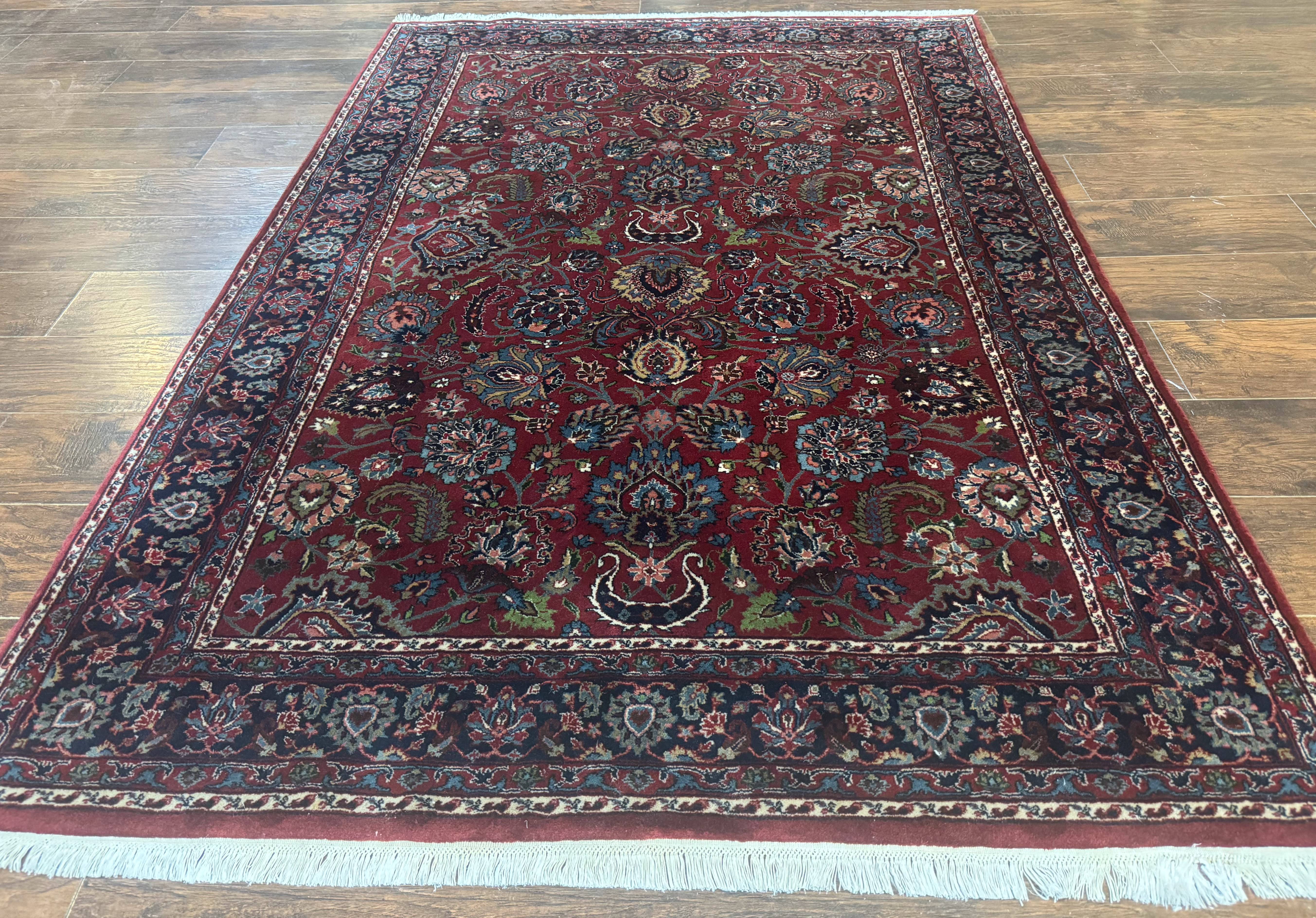 Indo Persian Rug 5x7, Vintage Traditional Floral Carpet, Burgundy and Navy Blue - Jewel Rugs