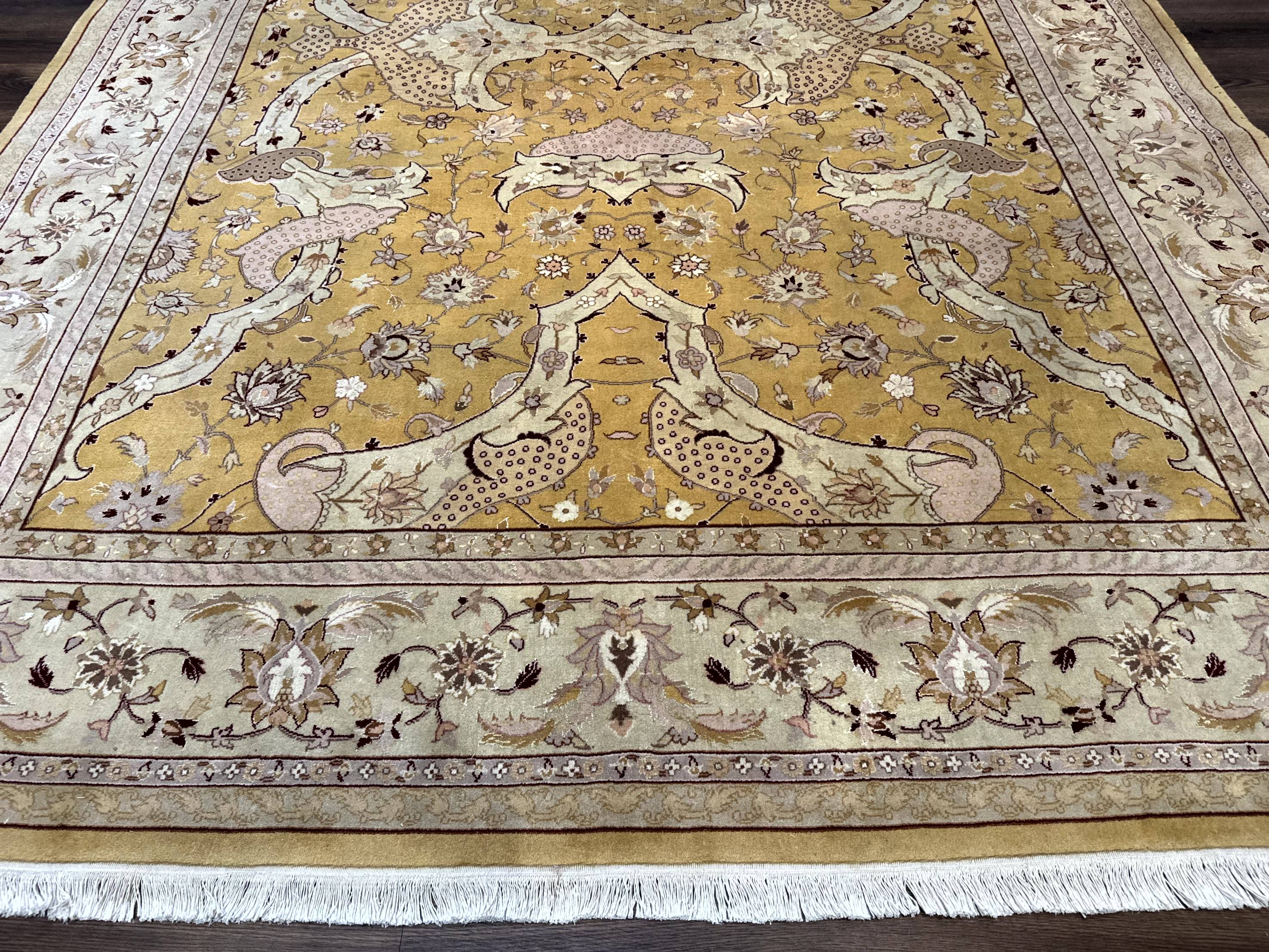 Sino Persian Rug 8x11, Wool with Silk Highlights, Unique Colors, Gold and Light Green, Fine 240 KPSI - Jewel Rugs