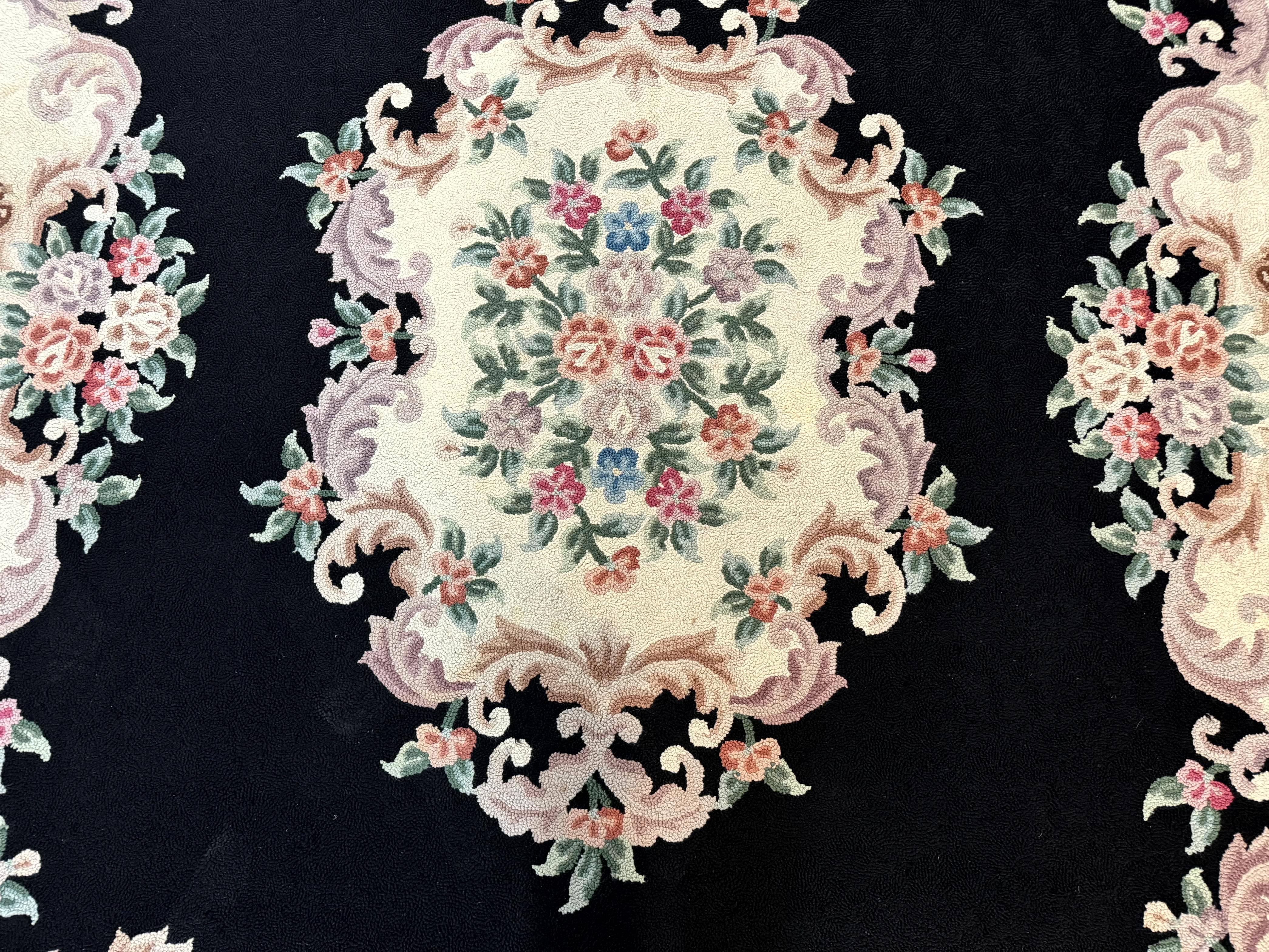 Aubusson Rug 8x11, Black and Ivory, Hooked Rug, Vintage, Wool - Jewel Rugs