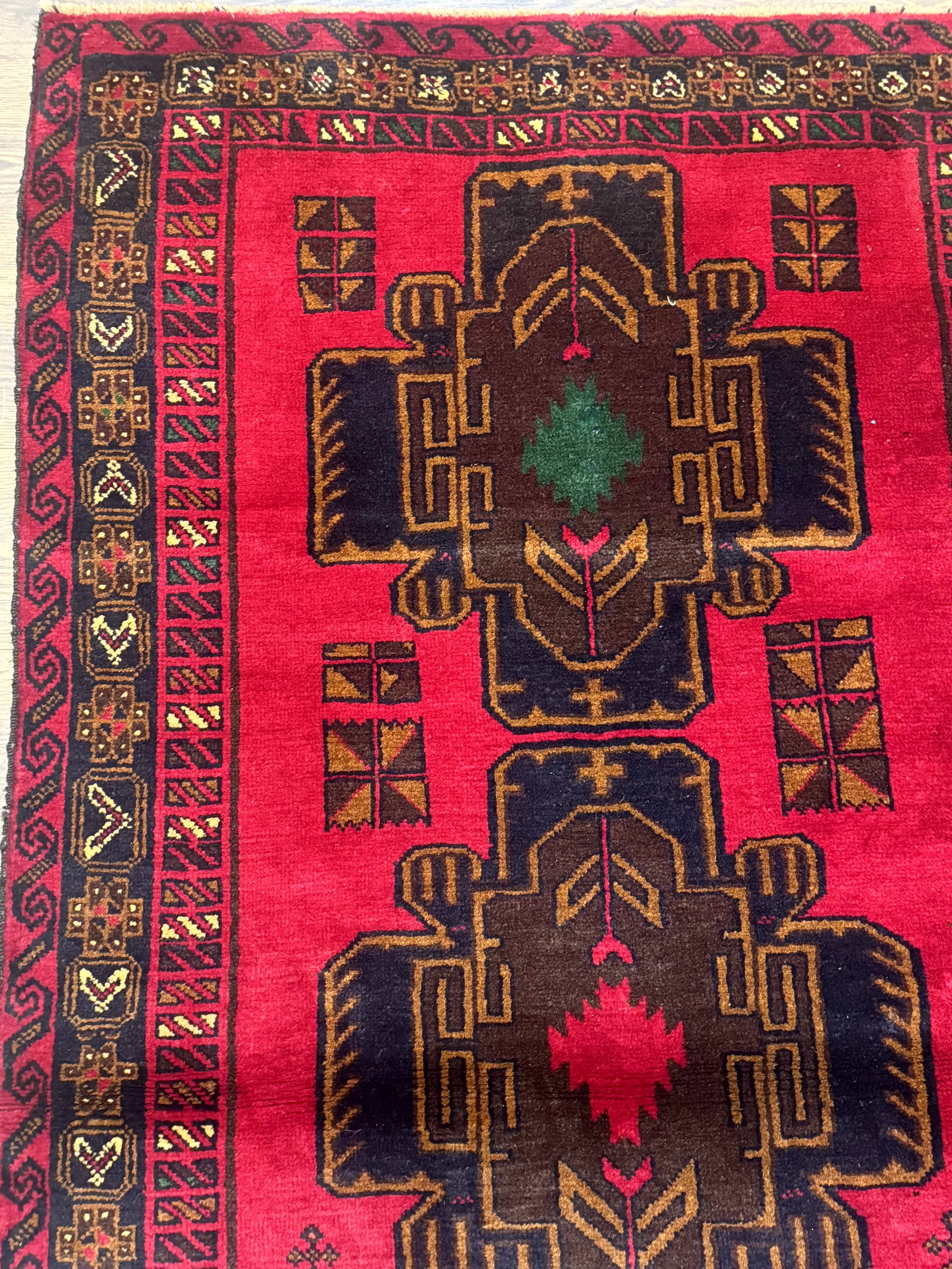 Red Afghan Balouch Rug 4x7, Triple Medallions, Handmade, New - Jewel Rugs