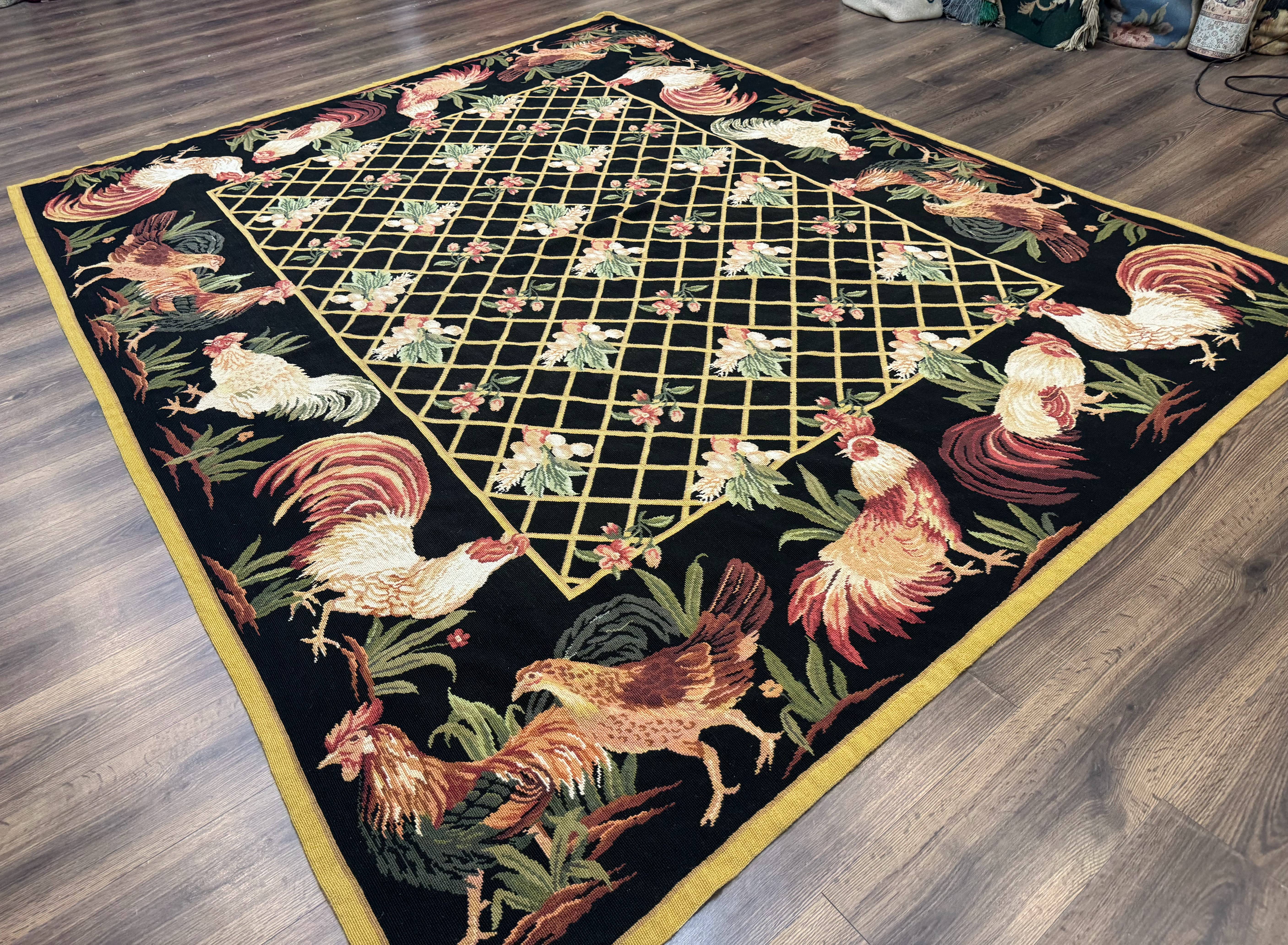 Black Needlepoint Rug 8x10, Roosters Floral Unique Needlepoint Carpet - Jewel Rugs