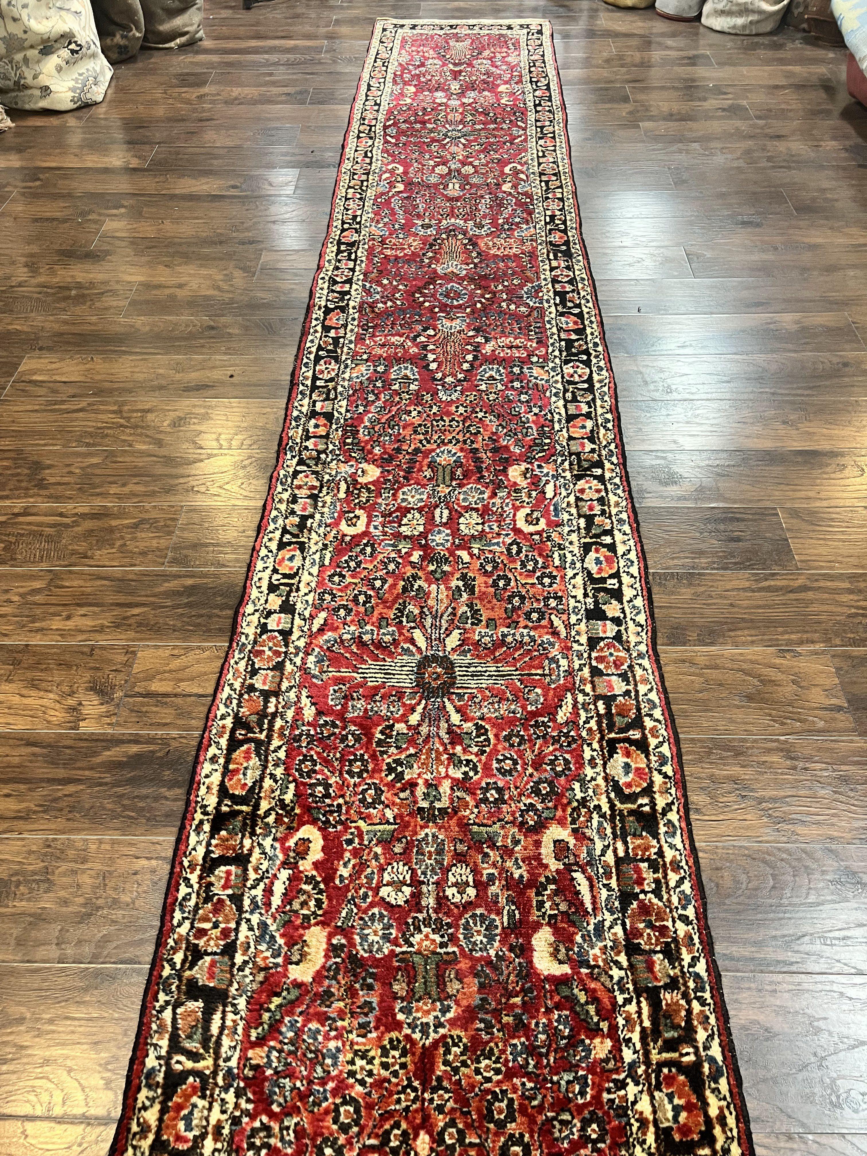 Antique Persian Runner Rug 2.9 x 17, Rare Sarouk Runner, Handmade Wool Rug for Hallway, Red, Floral - Jewel Rugs