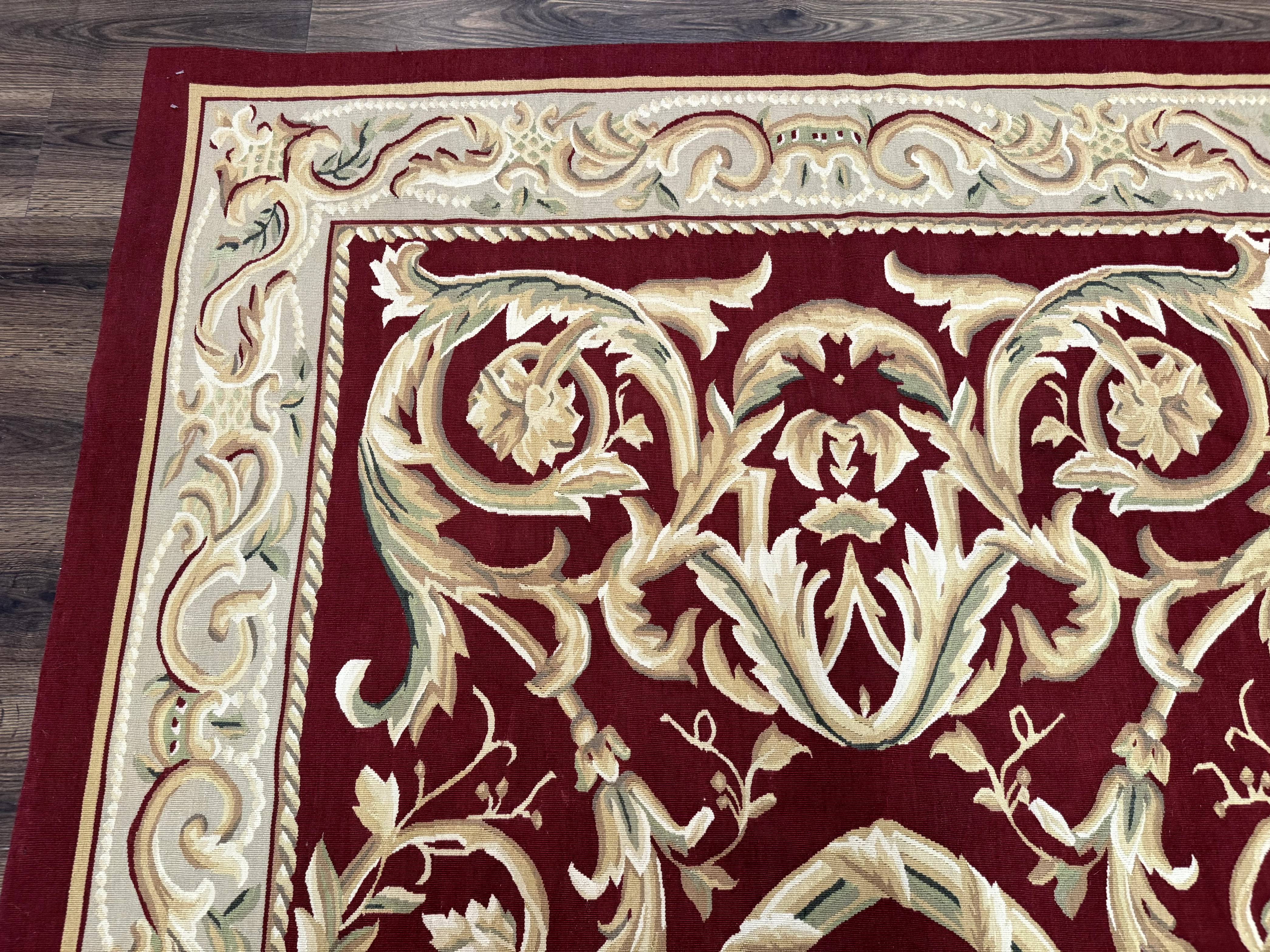 Burgundy Aubusson Rug 6x9, Vintage Wool Carpet - Jewel Rugs