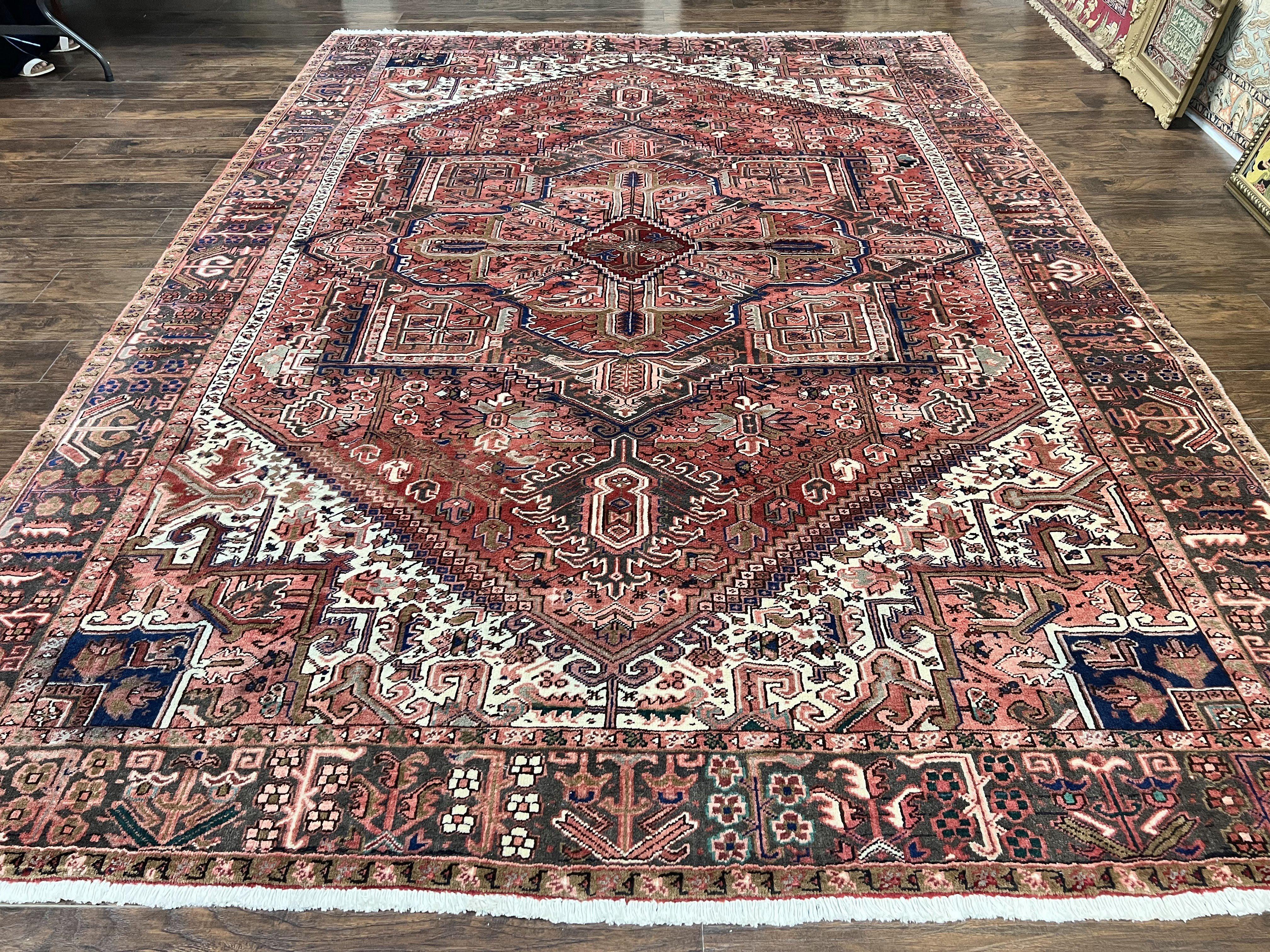 Persian Heriz Rug 10x13, Wool Hand Knotted Antique Carpet, Red Ivory, Geometric Rug 10 x 13 - Jewel Rugs