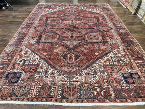 Persian Heriz Rug 10x13, Wool Hand Knotted Antique Carpet, Red Ivory, Geometric Rug 10 x 13