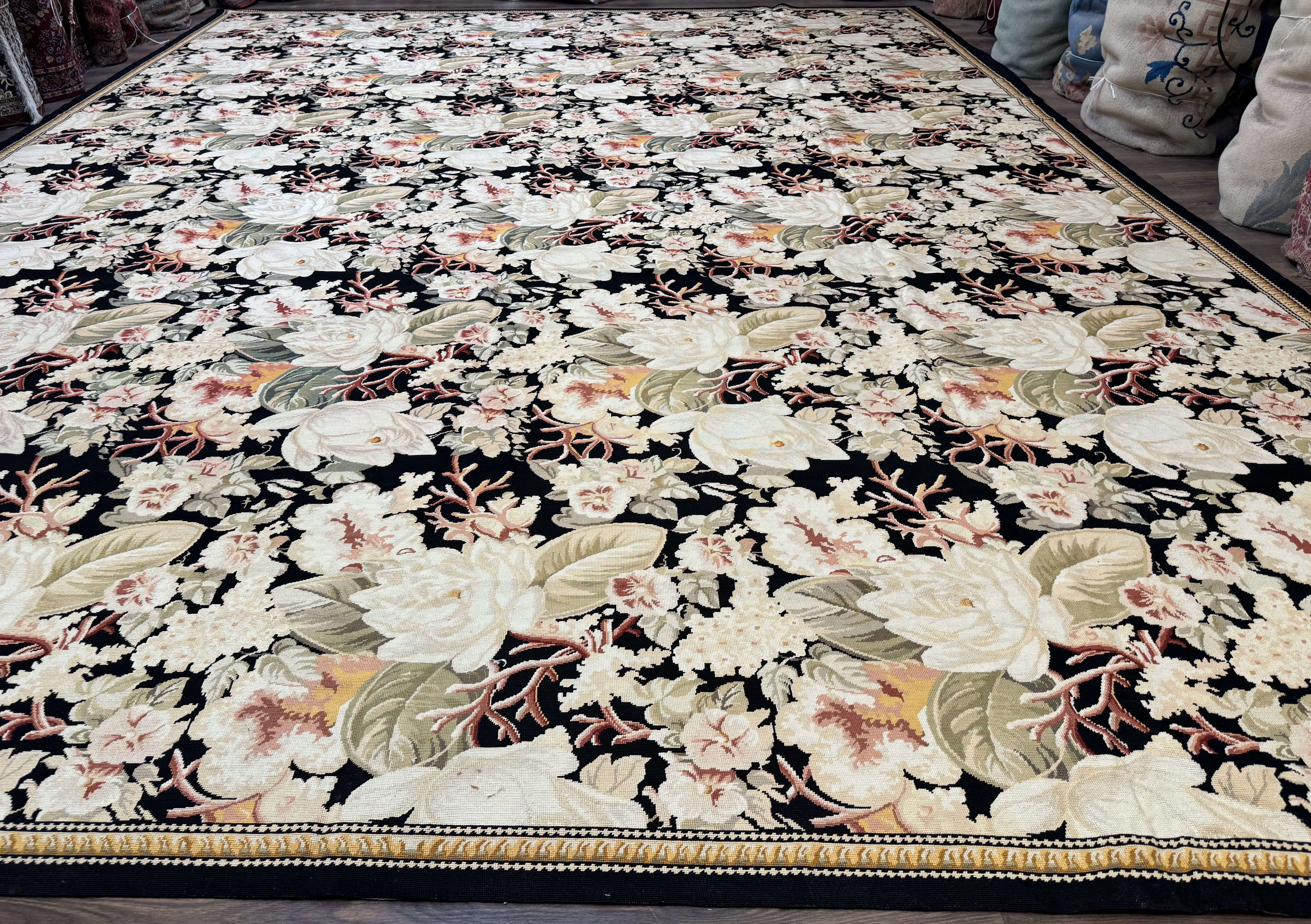 Palace Size Needlepoint Rug 13x17, Extra Large Wool Floral Handmade Carpet, European Design, Botanical - Jewel Rugs