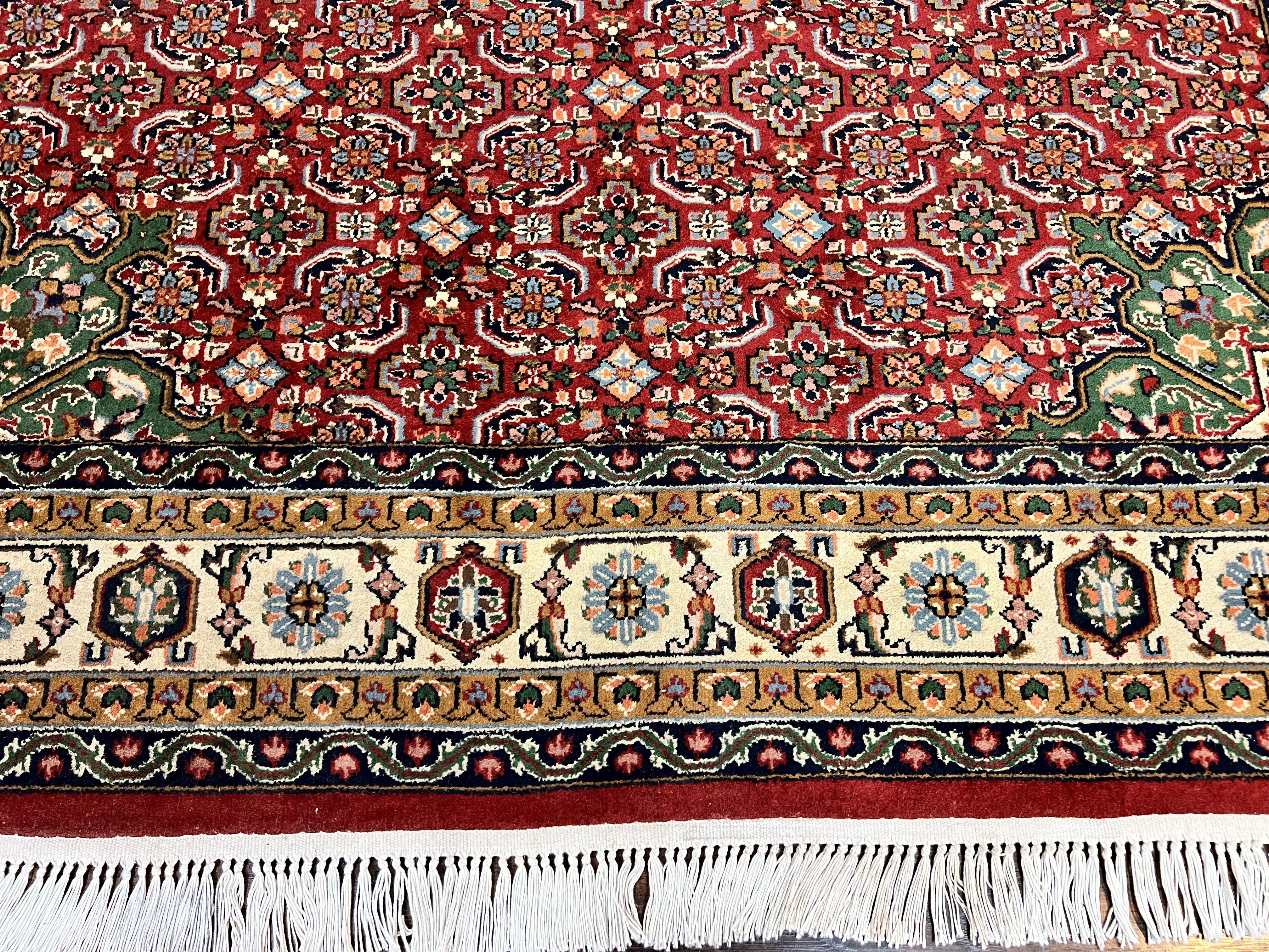 Persian Tabriz Rug 7x10, Wool Hand Knotted Vintage Carpet, Red Green & Cream, Herati Pattern, 7 x 10 Room Sized Oriental Rug - Jewel Rugs