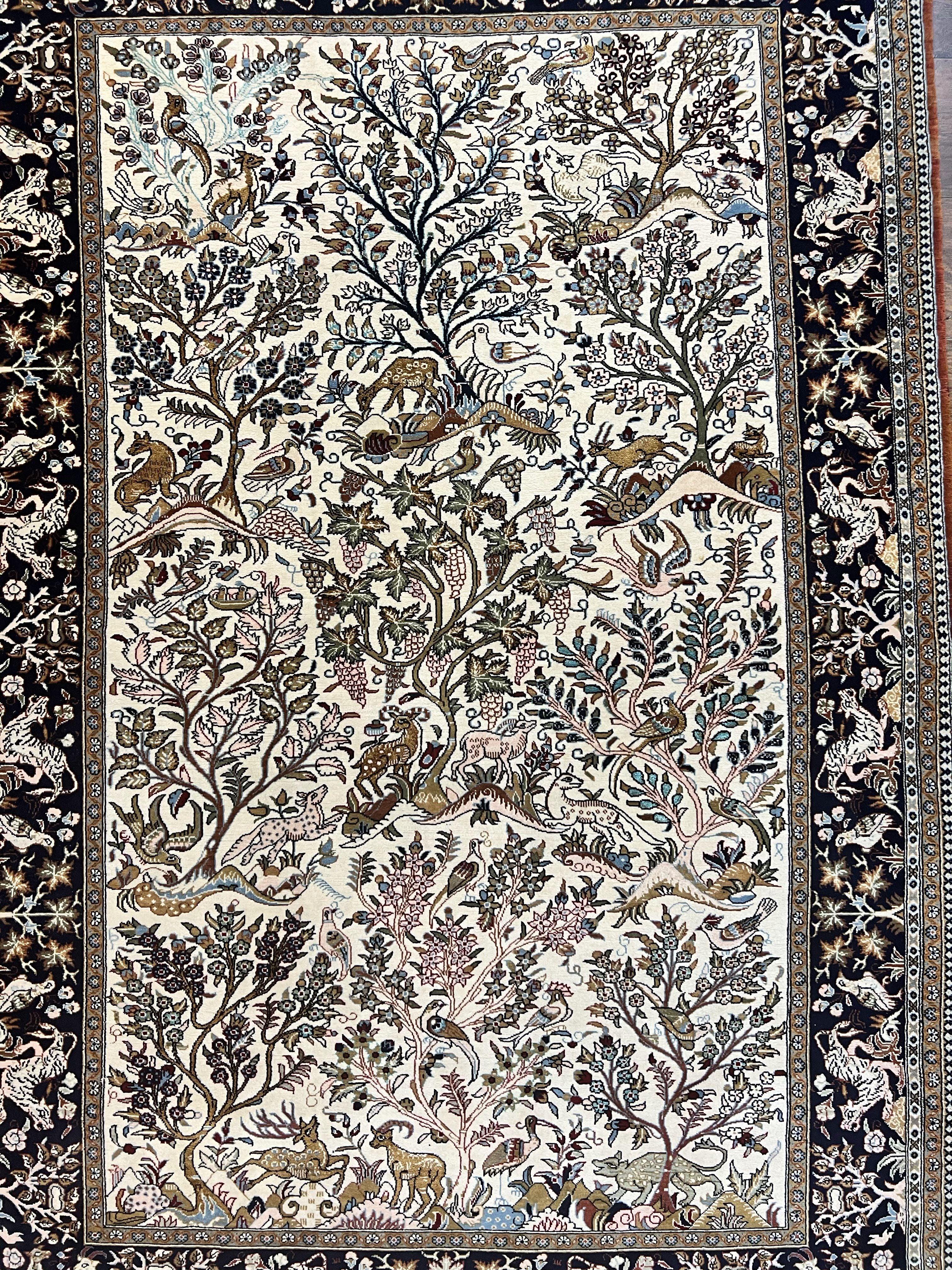 Persian Qum Tree of Life Rug 5x7, Wool and Silk Highlights, Animal Motifs, Vintage Hand Knotted Handmade Cream & Black Fine Oriental Carpet - Jewel Rugs