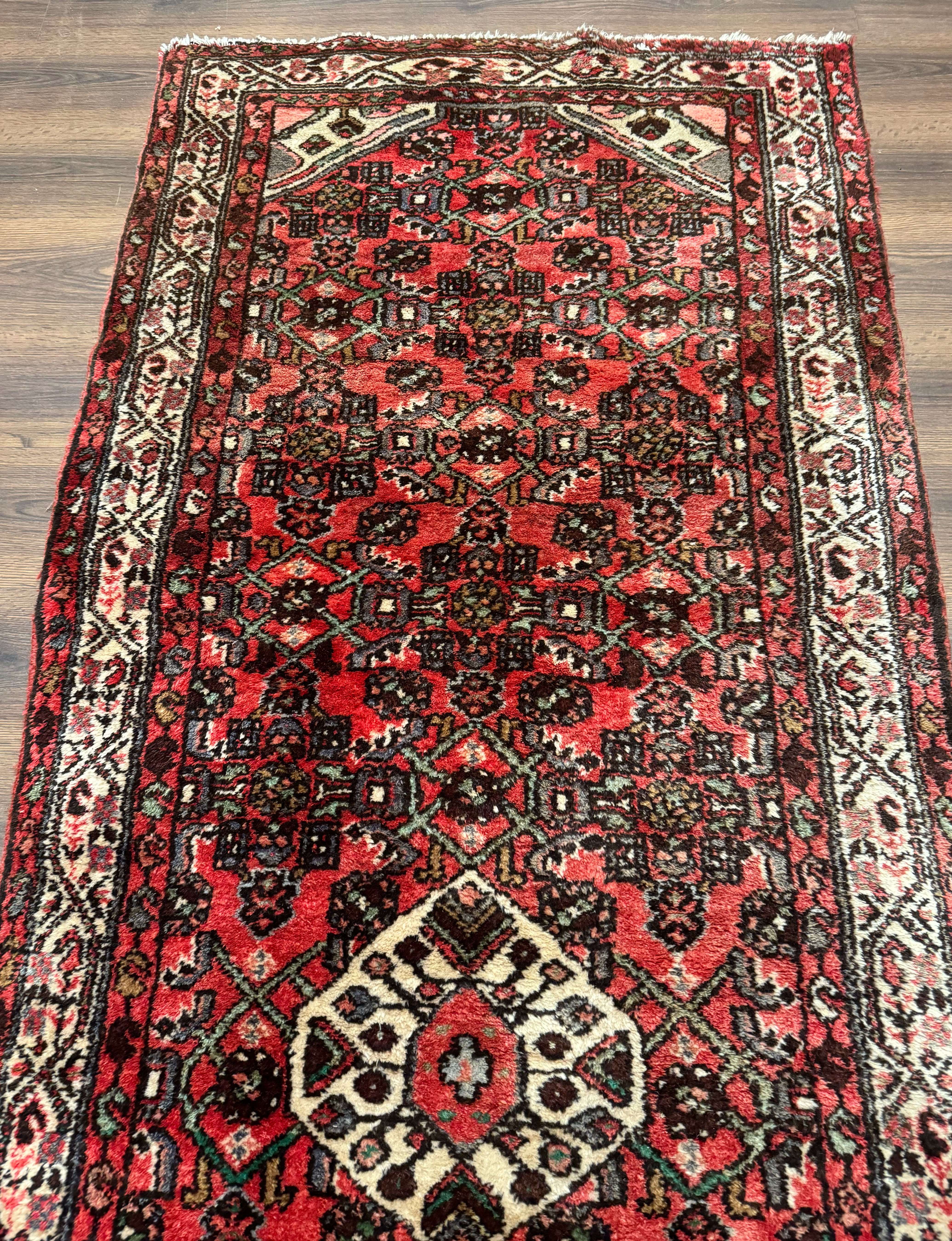 Persian Runner Rug 3x10, Wool Hand Knotted Hallway Rug 3 x 10 ft, Red and Ivory, Hamadan Angelas Runner - Jewel Rugs