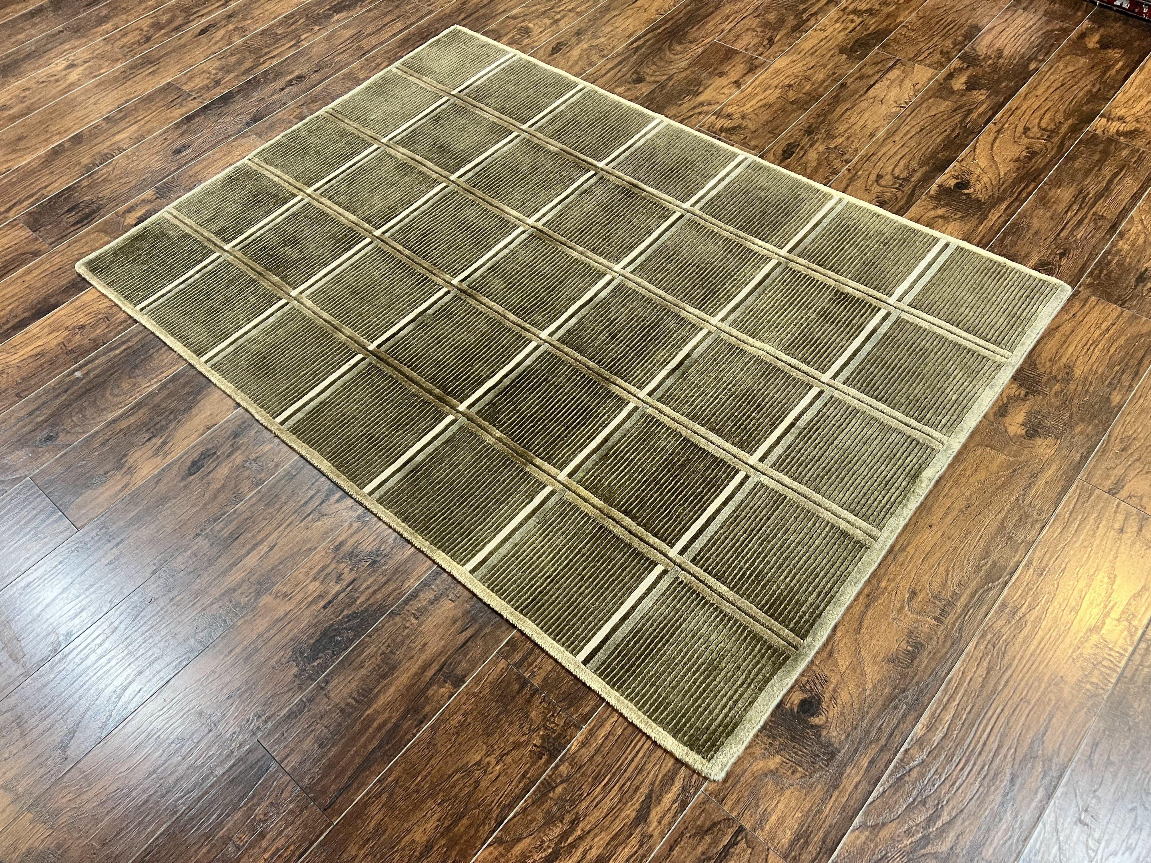 Tibetan Rug 4x6, Green Wool Handmade Area Rug 4 x 6, Panel Design, Modern Contemporary - Jewel Rugs