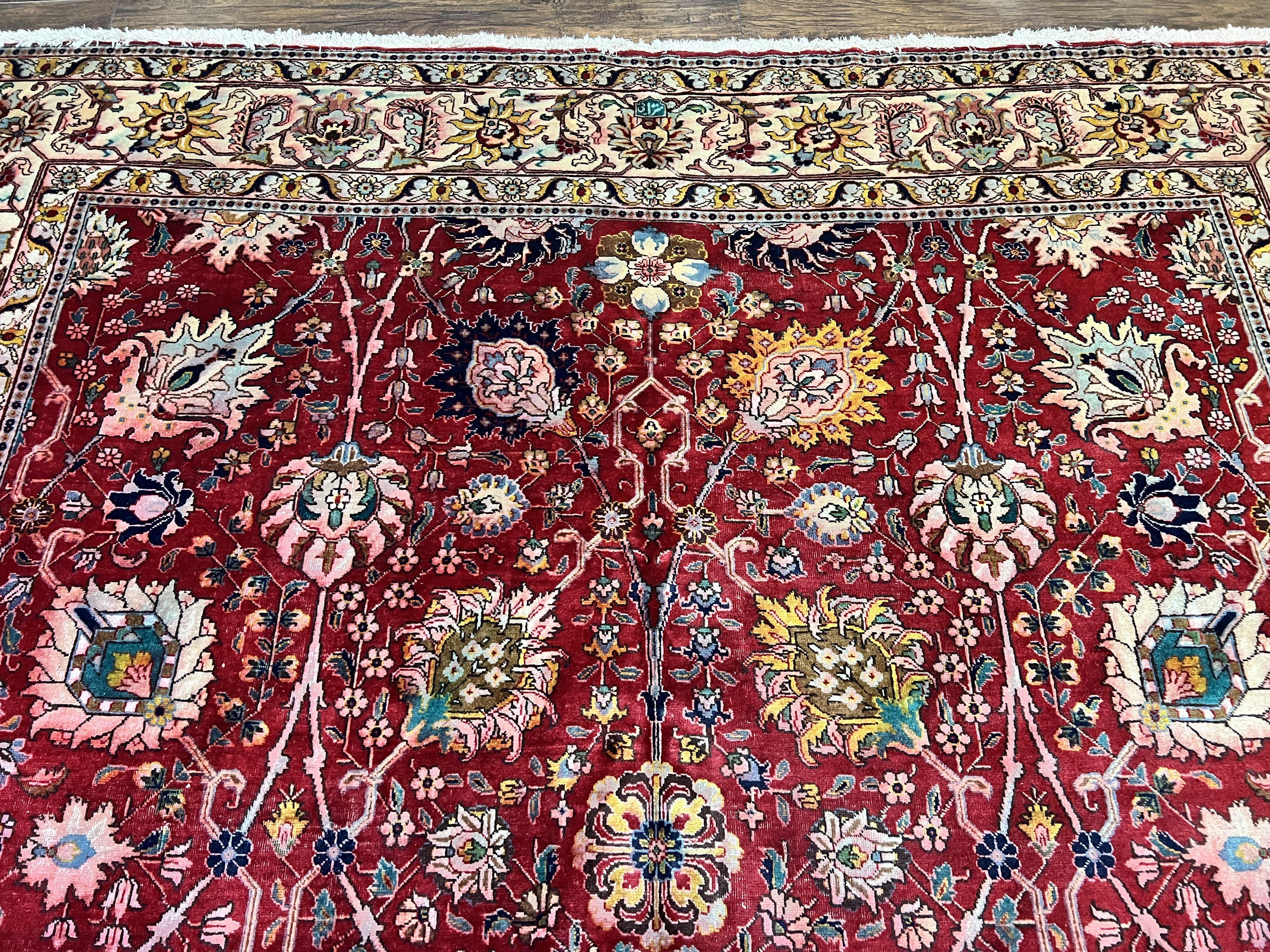 Persian Tabriz Rug 10x12, Floral Allover, Handmade Vintage Wool Carpet, Red and Cream - Jewel Rugs