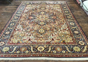Karastan Rug 8 x 10.5, English Manor Windsor Heriz Karastan Carpet 8x10, Geometric Design, Wool Vintage Area Rug 8 x 10 ft, Red Navy