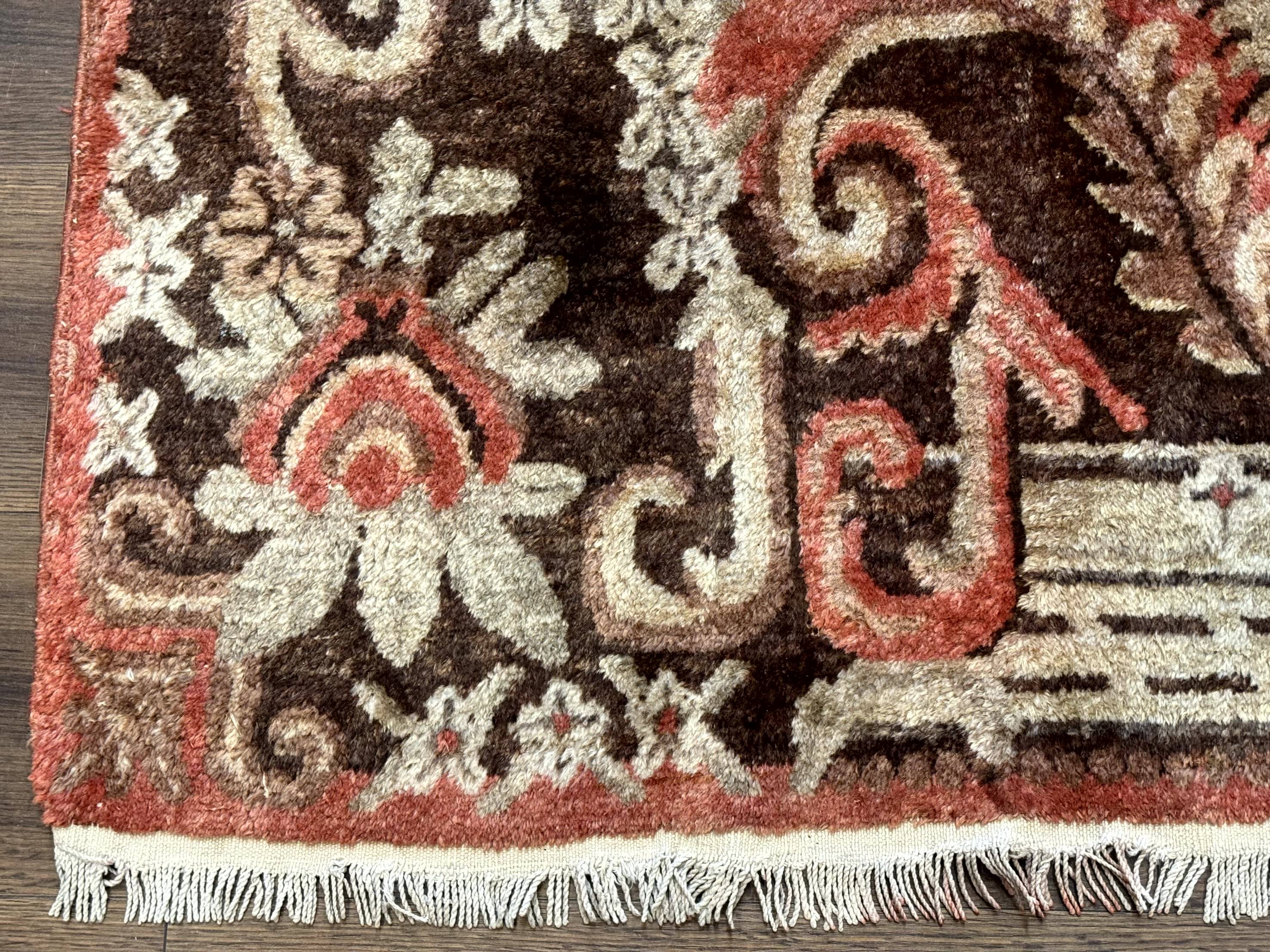 Khotan Rug 5x9, Terracotta and Brown, Floral, Chinese Wool Carpet, Antique Rug - Jewel Rugs