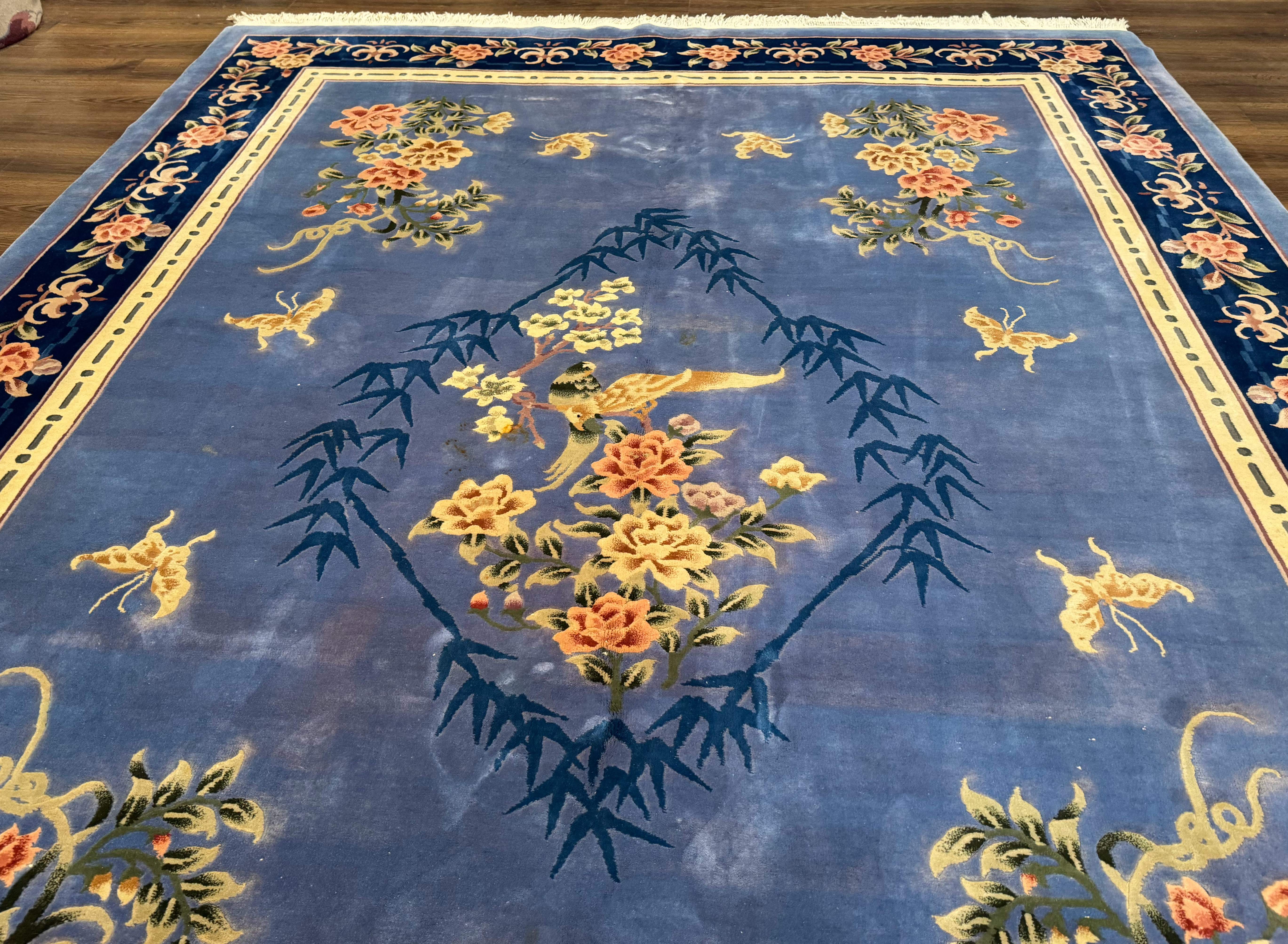 Blue Chinese Wool Rug 9x12, Art Deco Peking Asian Oriental Carpet, Floral Butterflies, 90 Line Rug - Jewel Rugs