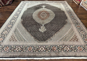 Wonderful Persian Tabriz Rug 10x13, Wool Hand Knotted Vintage Large Rug, Authentic Persian Carpet, Herati Mahi Pattern, Black Ivory, 10 x 13