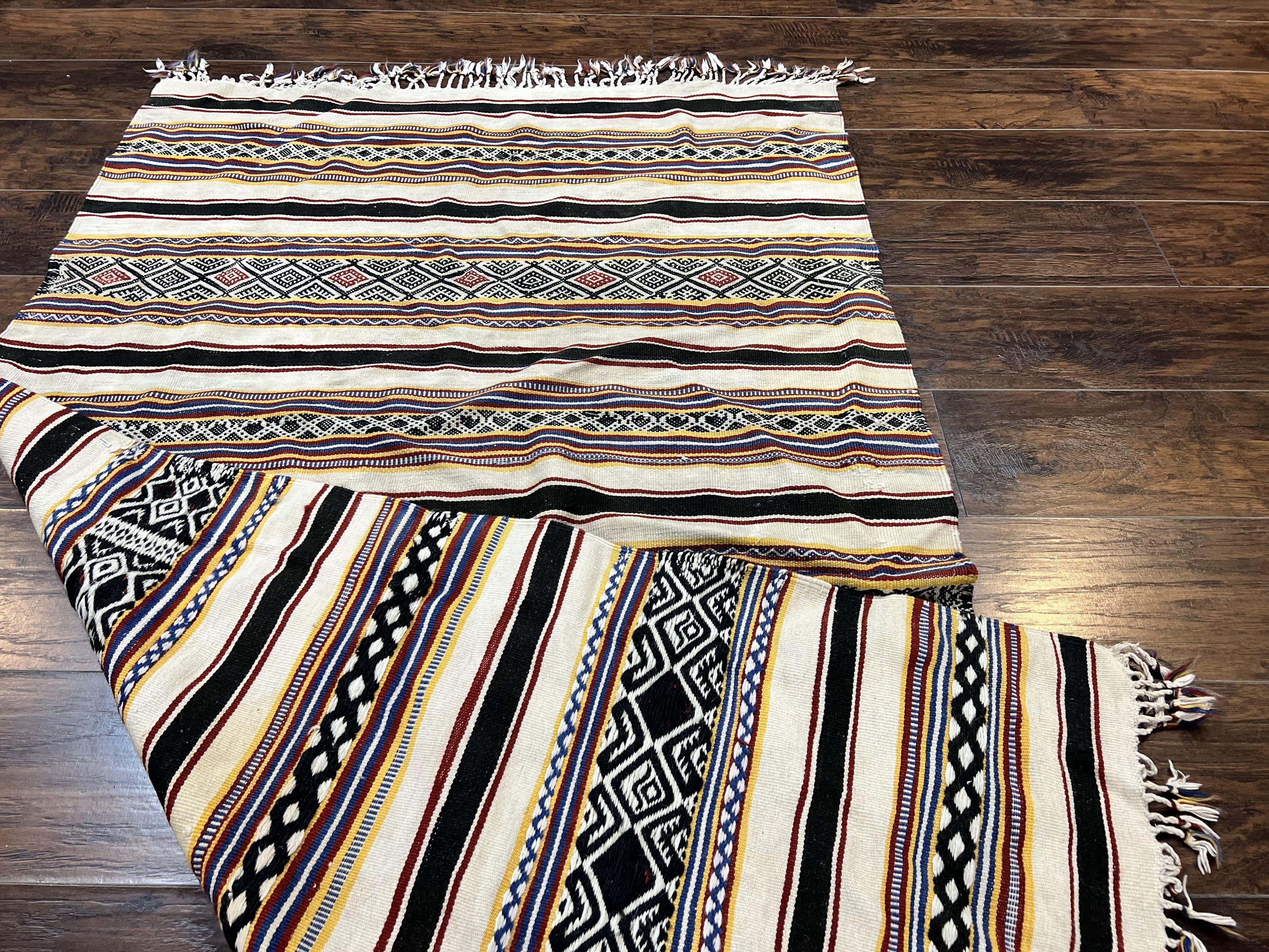 South American Kilim Rug 4x7 ft, Wool Handmade Vintage Carpet, Ivory Black Multicolor Stripes, Bohemian Blanket Rug, Flatweave Area Rug - Jewel Rugs