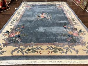 Chinese Wool Rug 10x13, Art Deco Carpet, Chinese Oriental 90 Line Carving Rug 10 x 13, Steel Blue and Cream, Soft, Handmade Vintage Rug