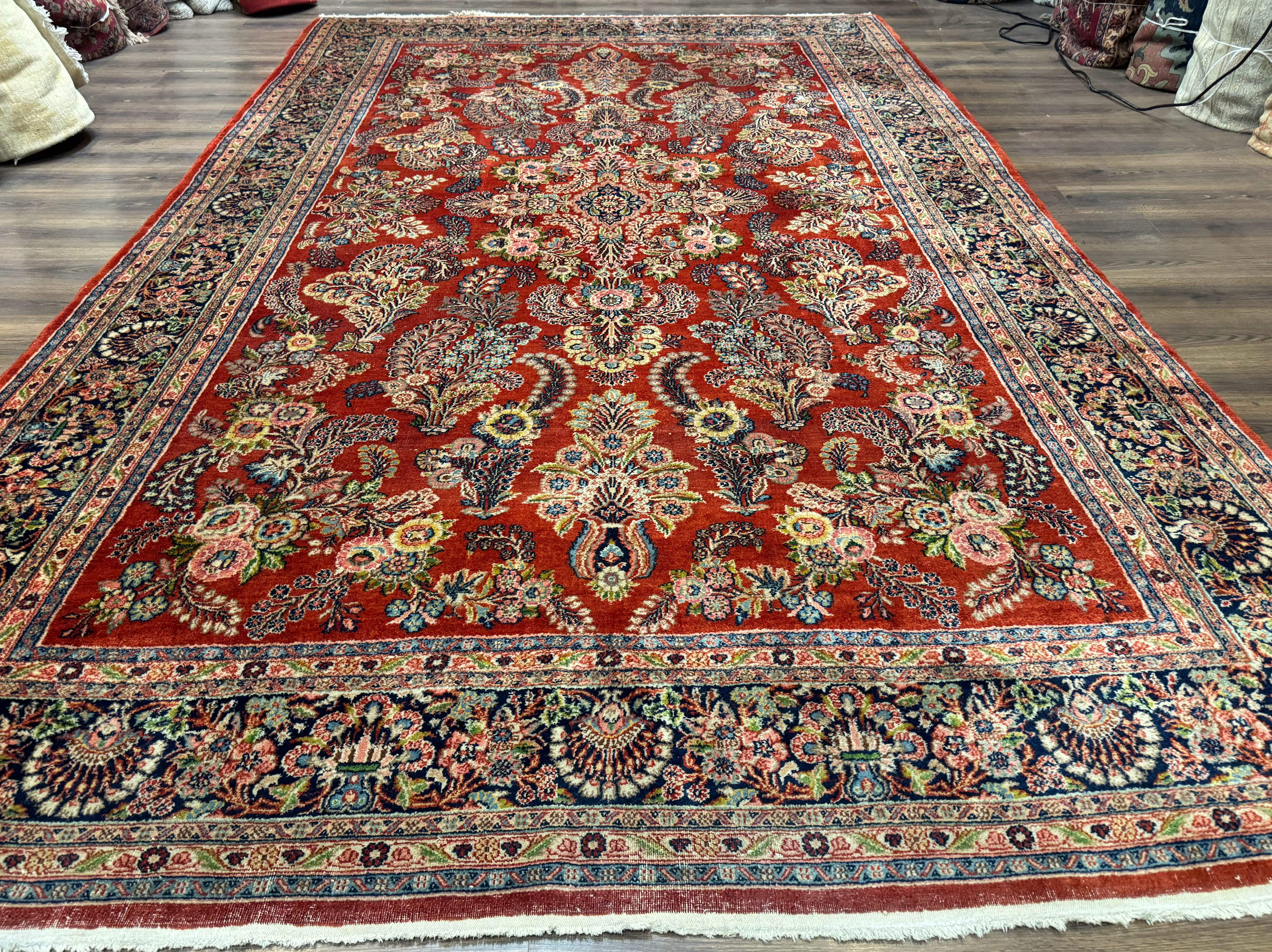 Persian Sarouk Rug 9x14 – Red and Navy, Floral Allover - Jewel Rugs