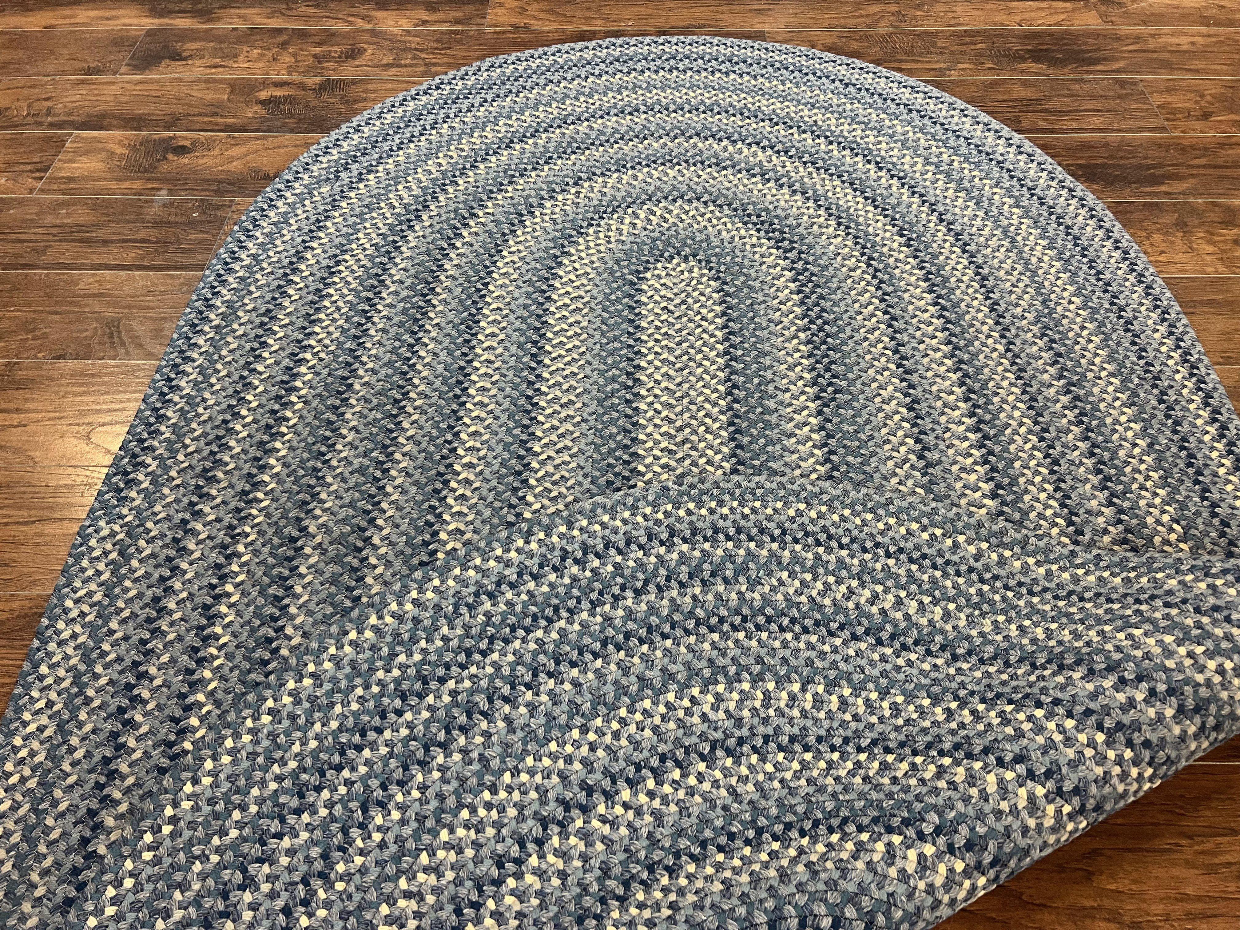 American Oval Braided Rug 5x8 Wool Handmade Vintage Carpet, Multicolor, Blues Gray Cream - Jewel Rugs