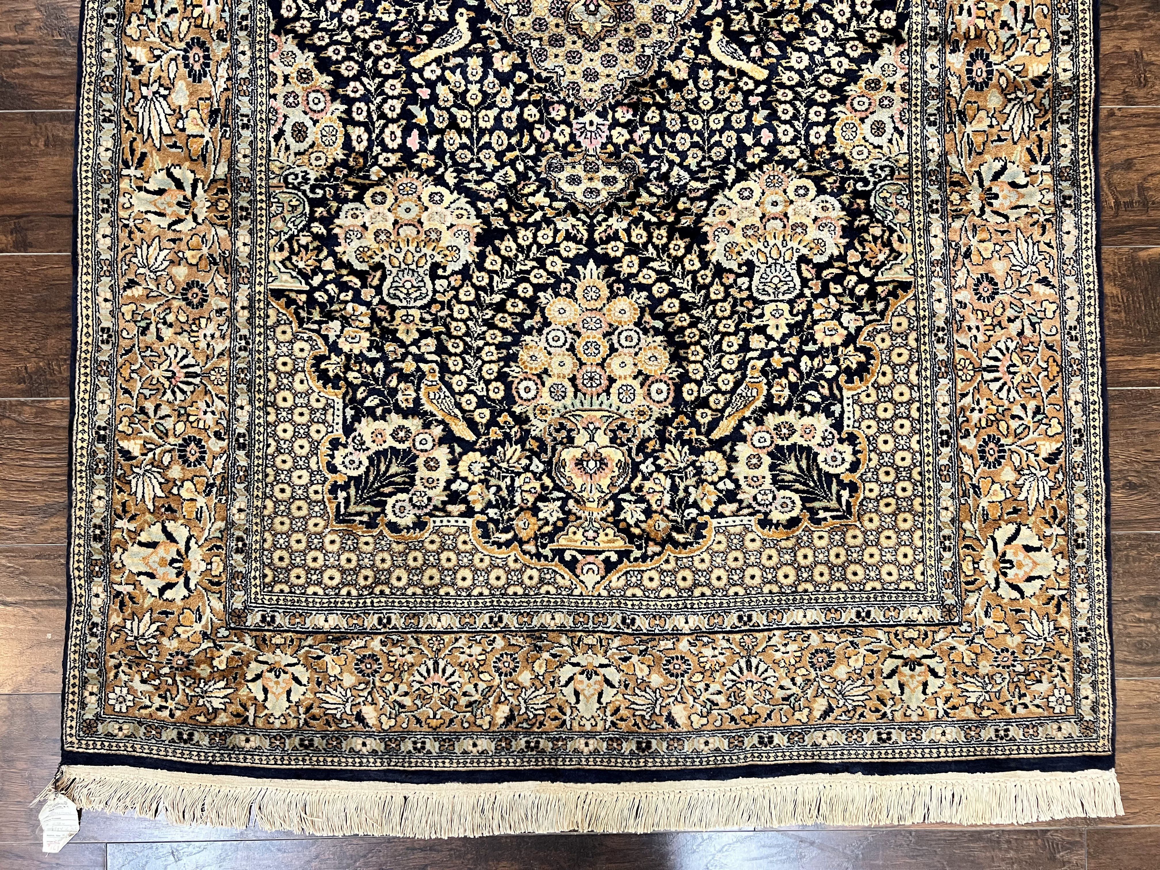 Pak Persian Rug 5x7, Wool Hand Knotted Vintage Fine Oriental Carpet, Birds, Floral Medallion, Traditional Oriental Rug, Dark Blue - Jewel Rugs