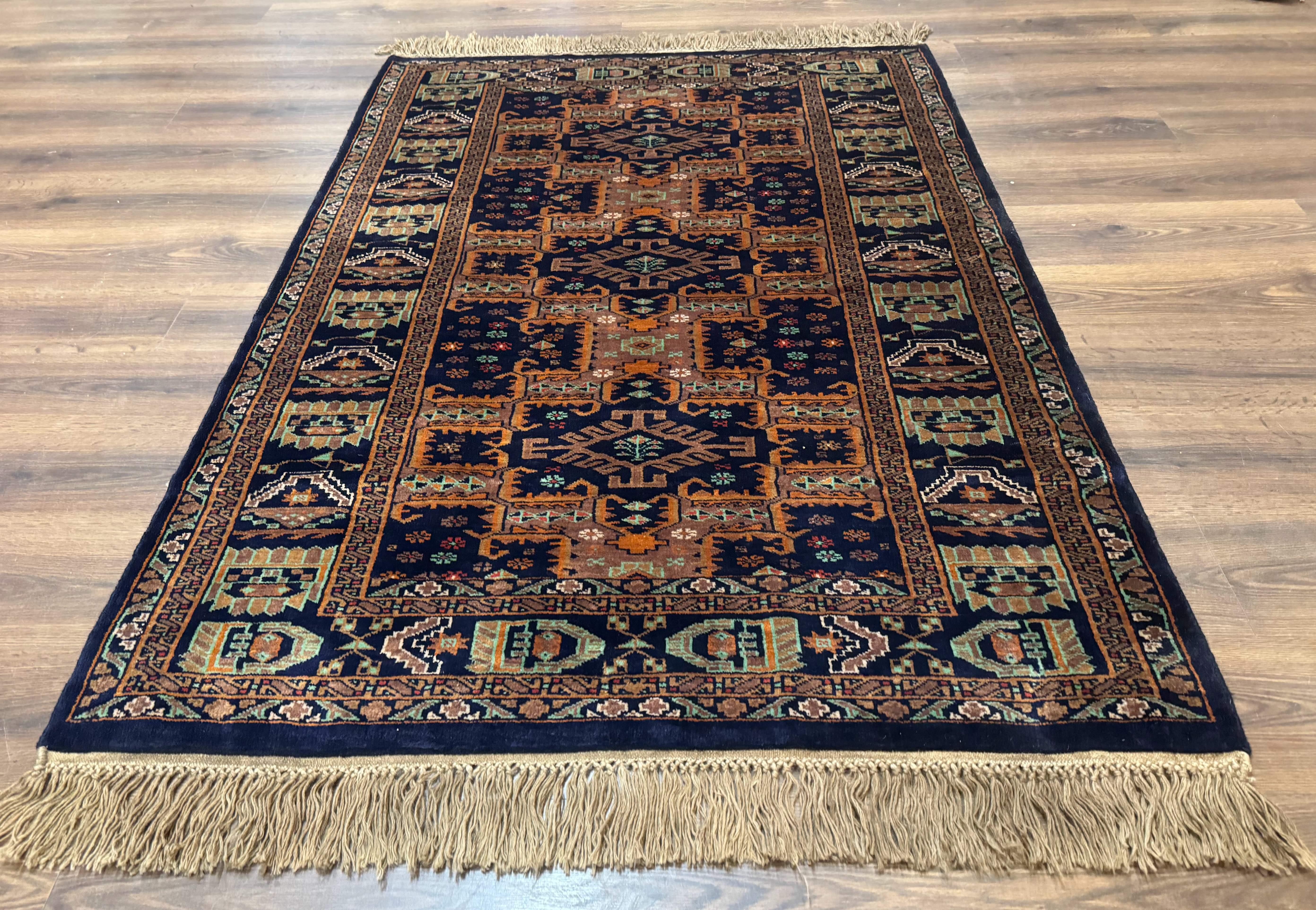 Vintage Afghan Rug 4x6, Navy Blue and Light Brown, Geometric Medallions, Wool on Wool, Tribal Rug - Jewel Rugs