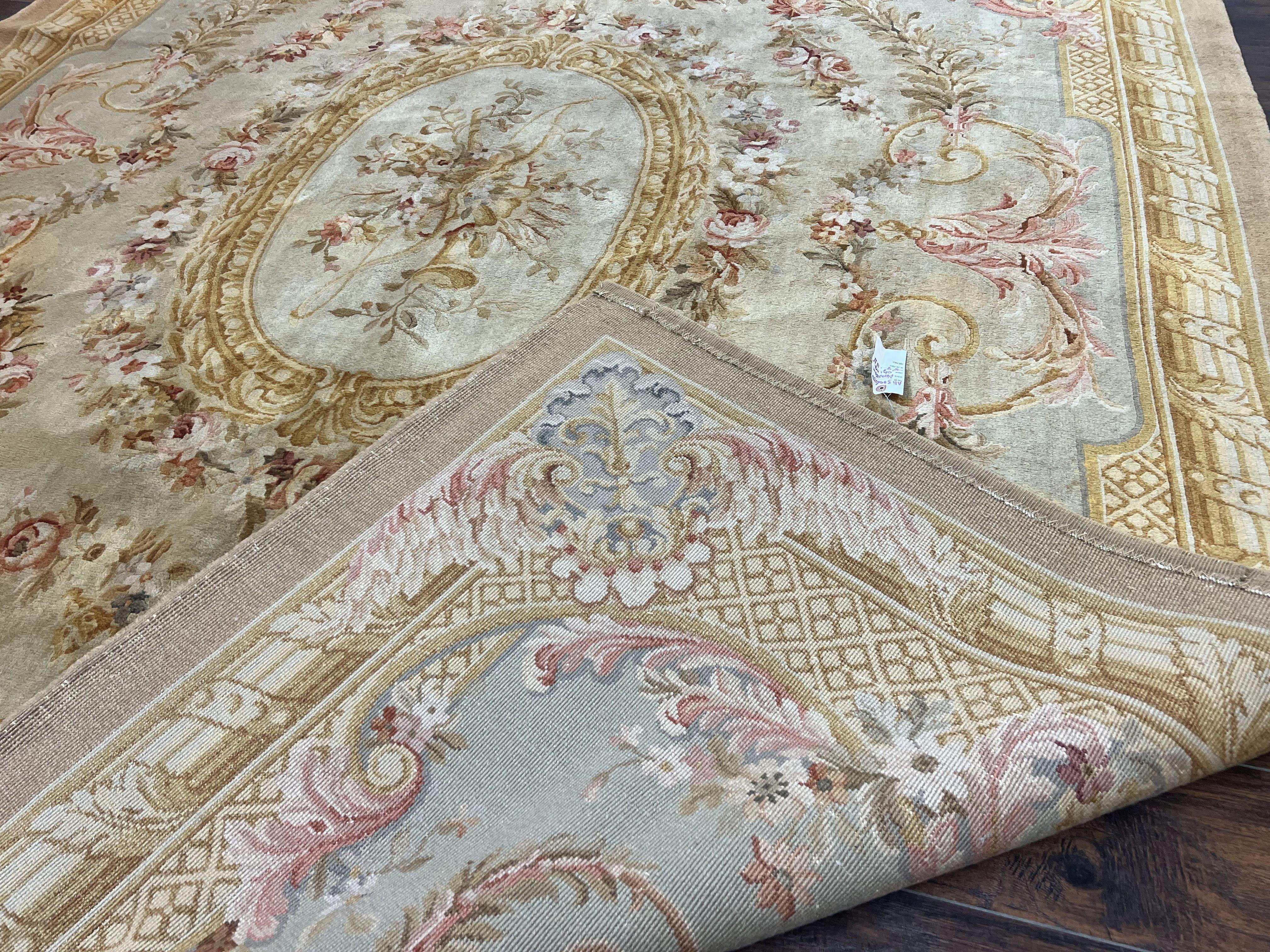 Aubusson Rug 9x12, Wool Hand Knotted Vintage Carpet, European Design, Elegant Room Sized Rug 9 x 12 - Jewel Rugs