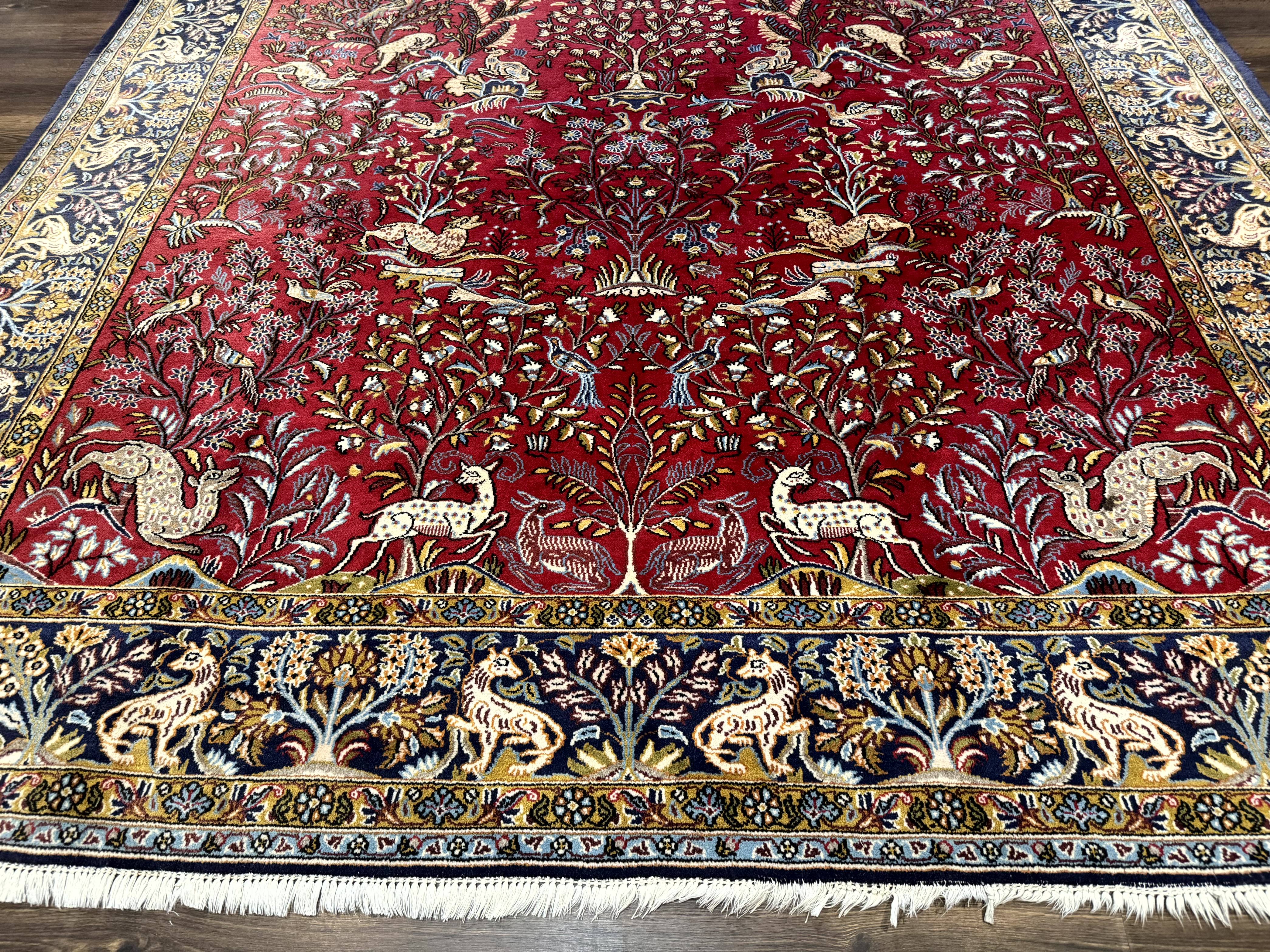 Persian Qum Rug 9x12, Animal Pictorials, Deer Birds, Tree of Life, Red and Navy Blue - Jewel Rugs