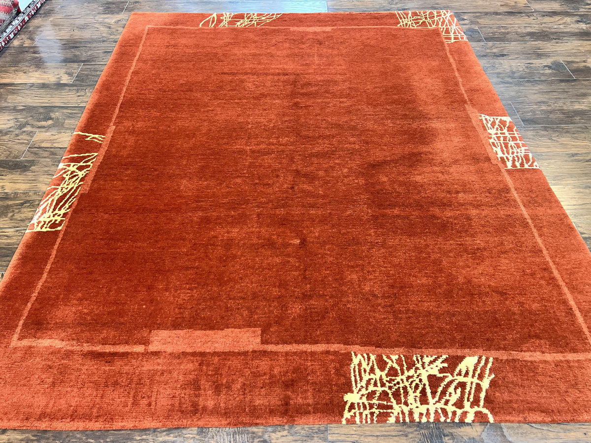 Modern Chinese Rug 7x8 Ft Dark Orange Hand Knotted Wool With Silk Hig modern-chinese-rug-7x8-ft-dark-orange-hand-knotted-wool-with-silk-hig