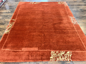 Modern Chinese Rug 7x8 ft, Dark Orange Hand Knotted Wool with Silk Highlights Handmade Contemporary Area Rug, Asian Oriental Rug 7 x 8