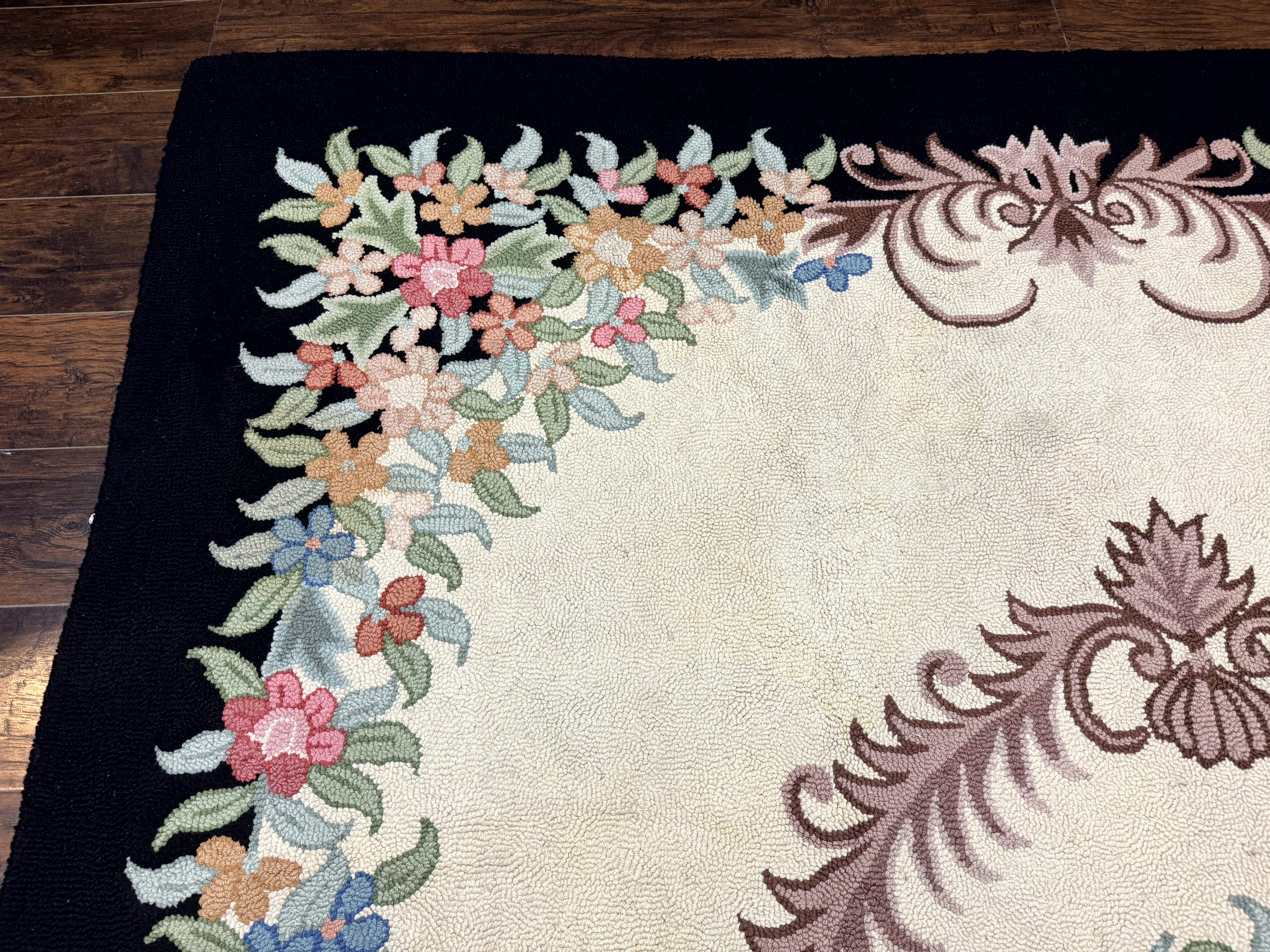 Large American Hooked Rug 8x11, Vintage Ivory Black Floral Carpet - Jewel Rugs