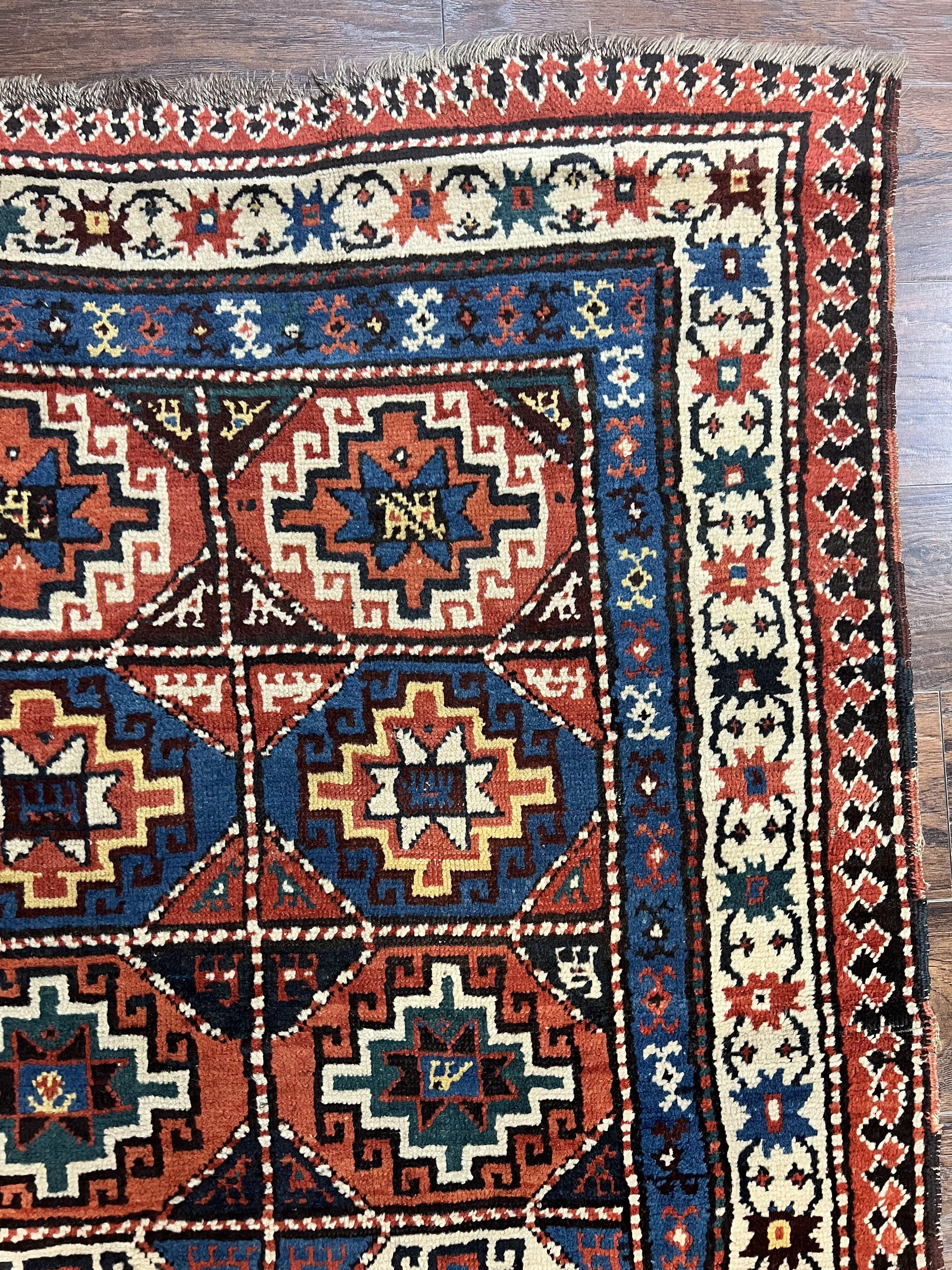 Antique Caucasian Kazak Runner Rug 4 x 9.5, Handmade Wool Rug for Hallway, Rare Colorful Panel Design Mid 19th Century 1870s Oriental Carpet - Jewel Rugs