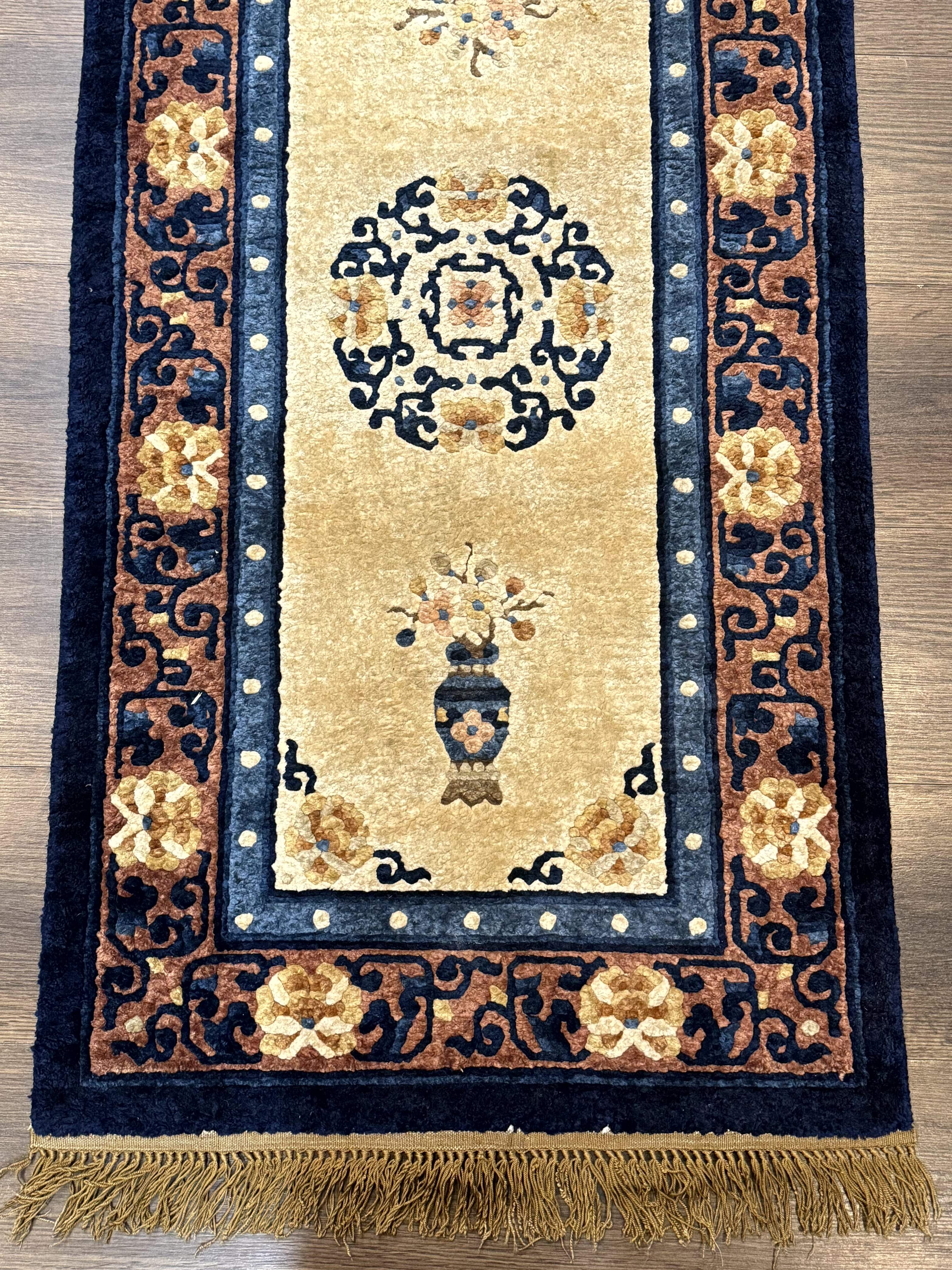 Silk Chinese Rug 2x4, Peking Carpet, Golden-Beige and Blue, Hand Knotted, Simple Design - Jewel Rugs