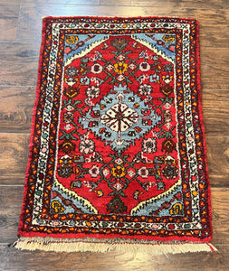 Small Persian Hamadan Rug 2x3, Tribal Carpet, Red and Sky Blue, Wool Handmade Geometric Rug