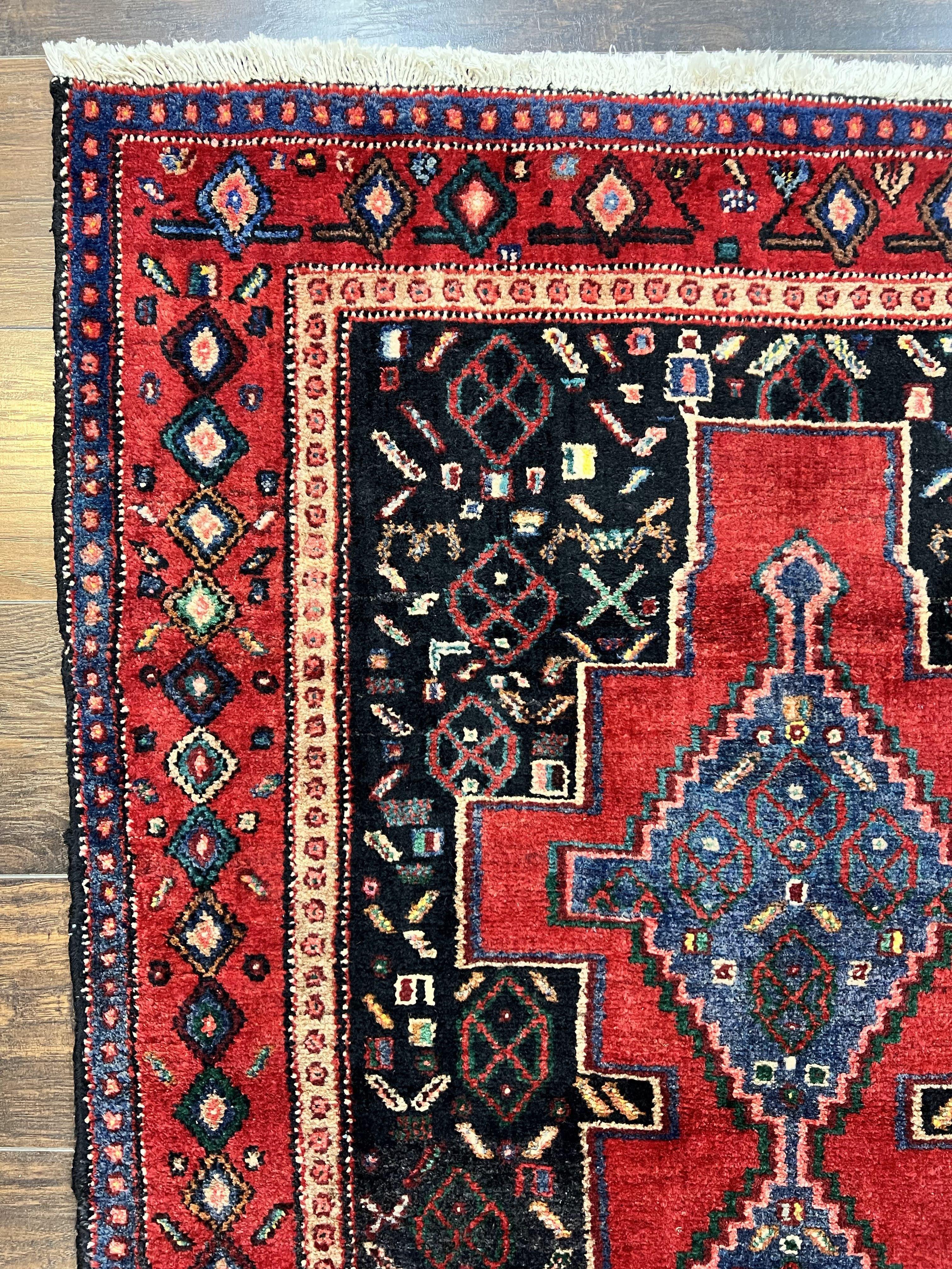 Persian Kurdish Senneh Runner Rug 3x9, Red Navy Blue, Medallions Wool Tribal Runner for Kitchen/Hallway 9ft Antique Handmade Oriental Runner - Jewel Rugs
