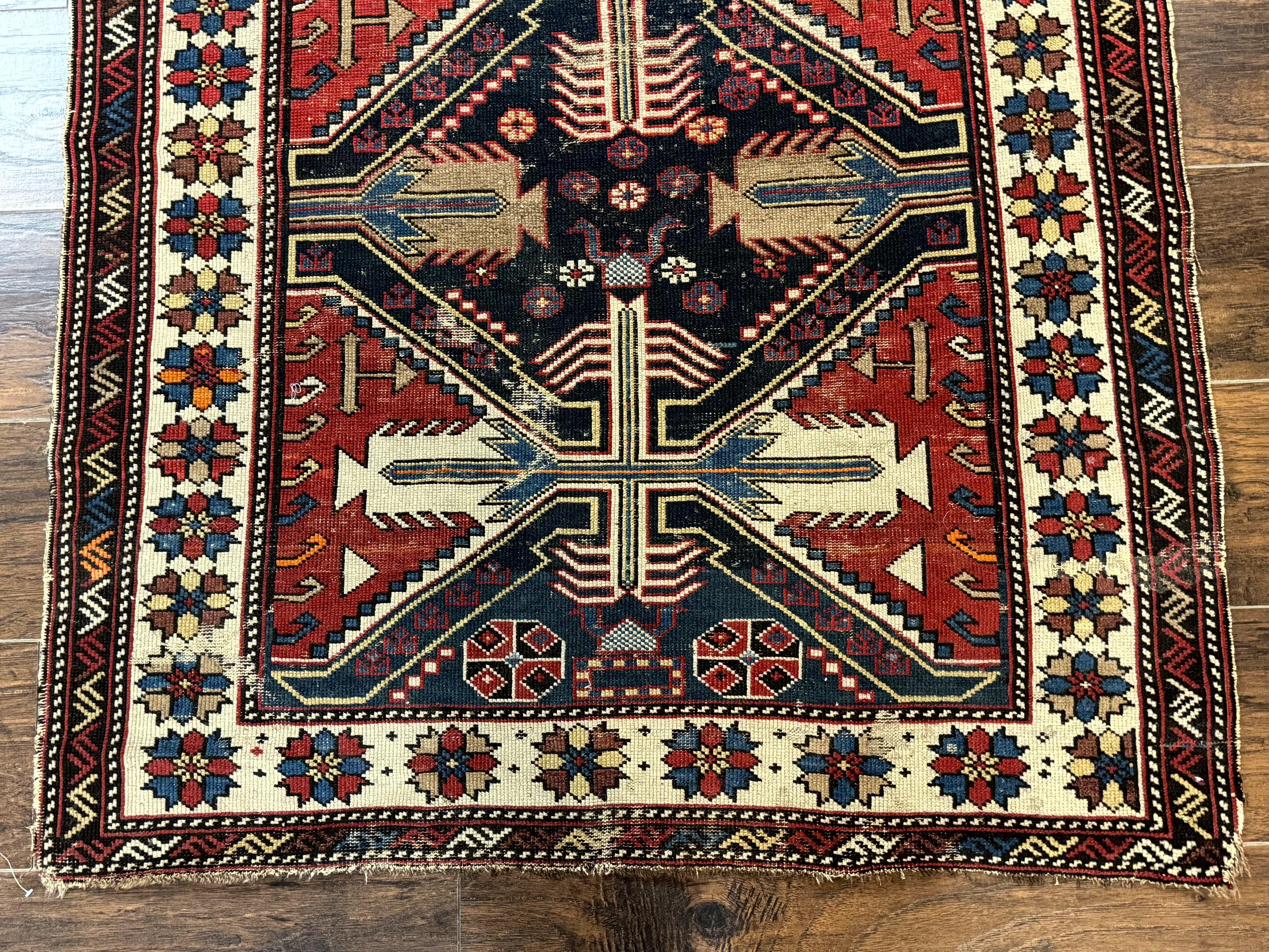 Antique Shirvan Caucasian Rug 3x5, Geometric Pattern, Red Navy Blue Beige - Jewel Rugs
