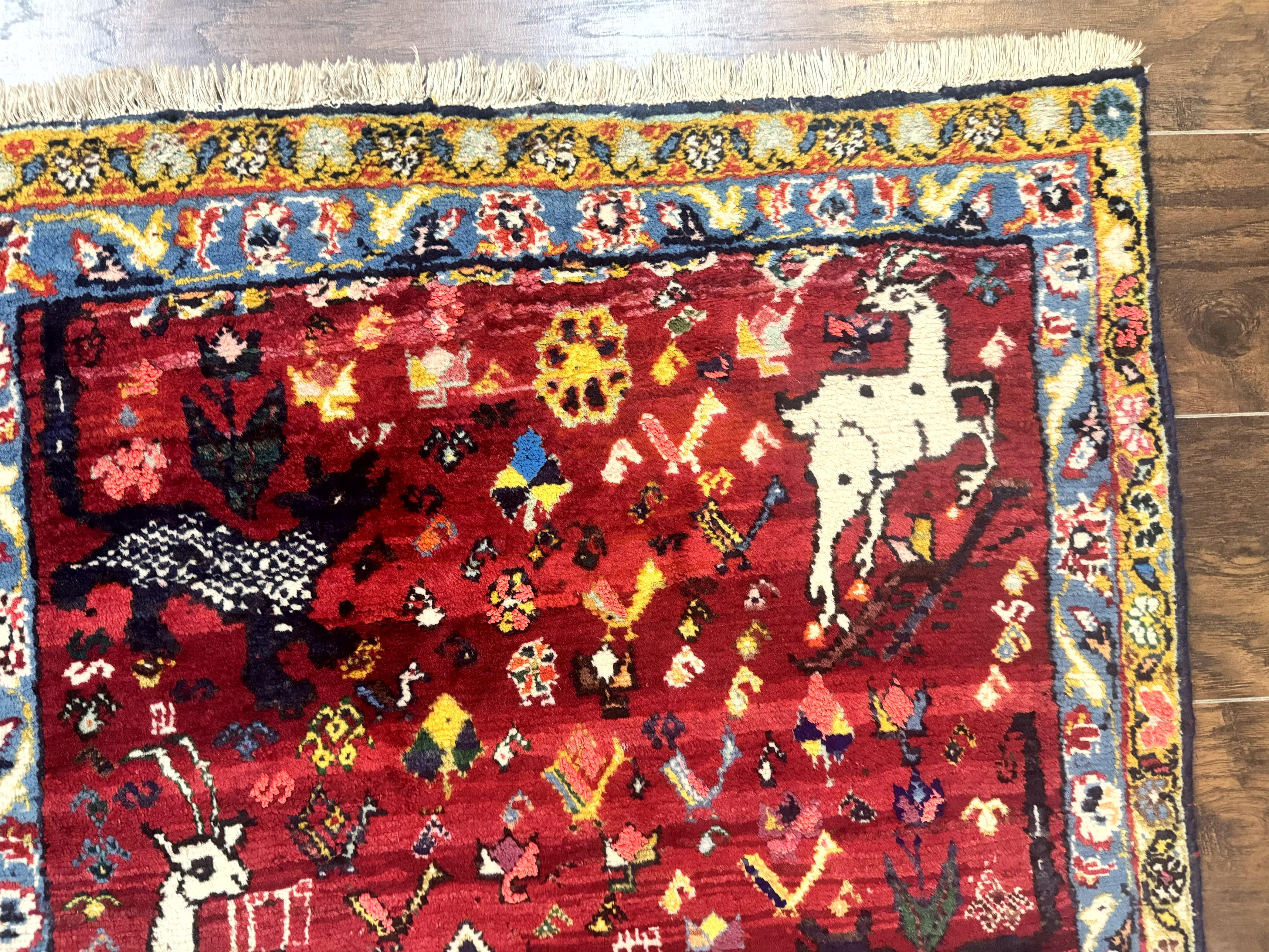 Persian Gabbeh Rug 3x5, Animal Pictorials, Wool and Silk, Handmade Vintage Small Rug, Red - Jewel Rugs