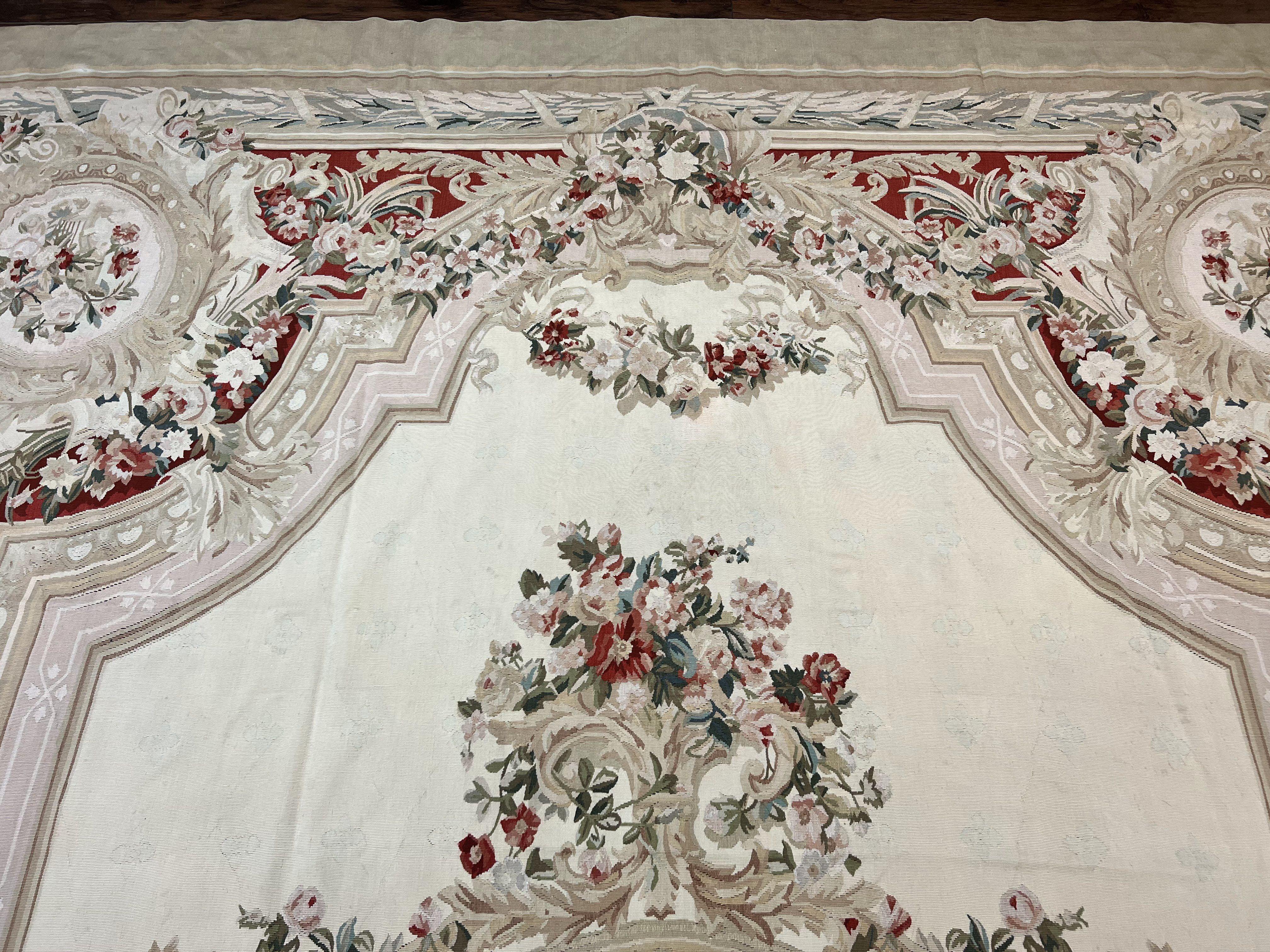 Large Aubusson Rug 11x17, Wool Handmade Vintage Carpet, Ivory Beige, French European Elegant Design, Palace Size Rug - Jewel Rugs