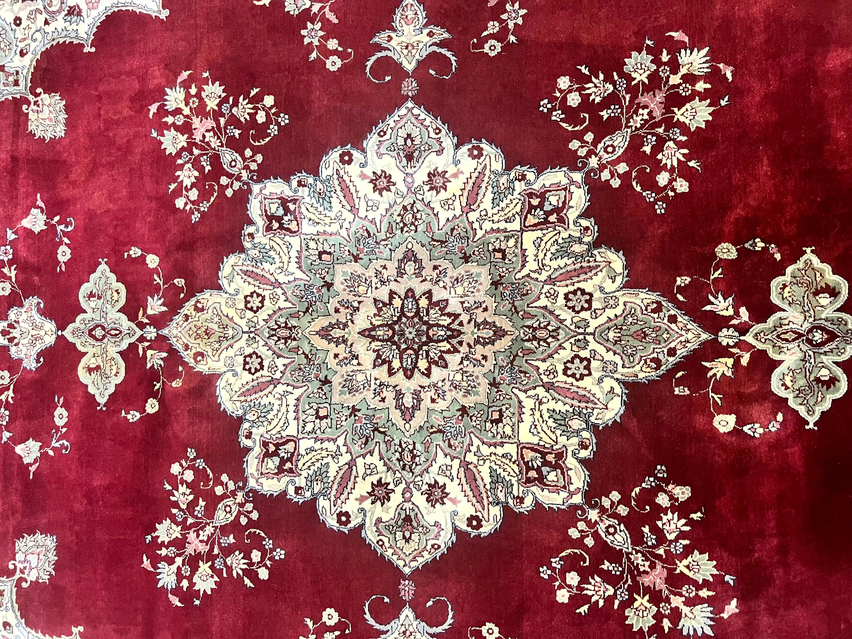 Pak Persian Rug 9x12, Handmade Vintage Traditional Wool Carpet, Floral Medallion, Dark Red Ivory/Cream, Fine 250 KPSI - Jewel Rugs