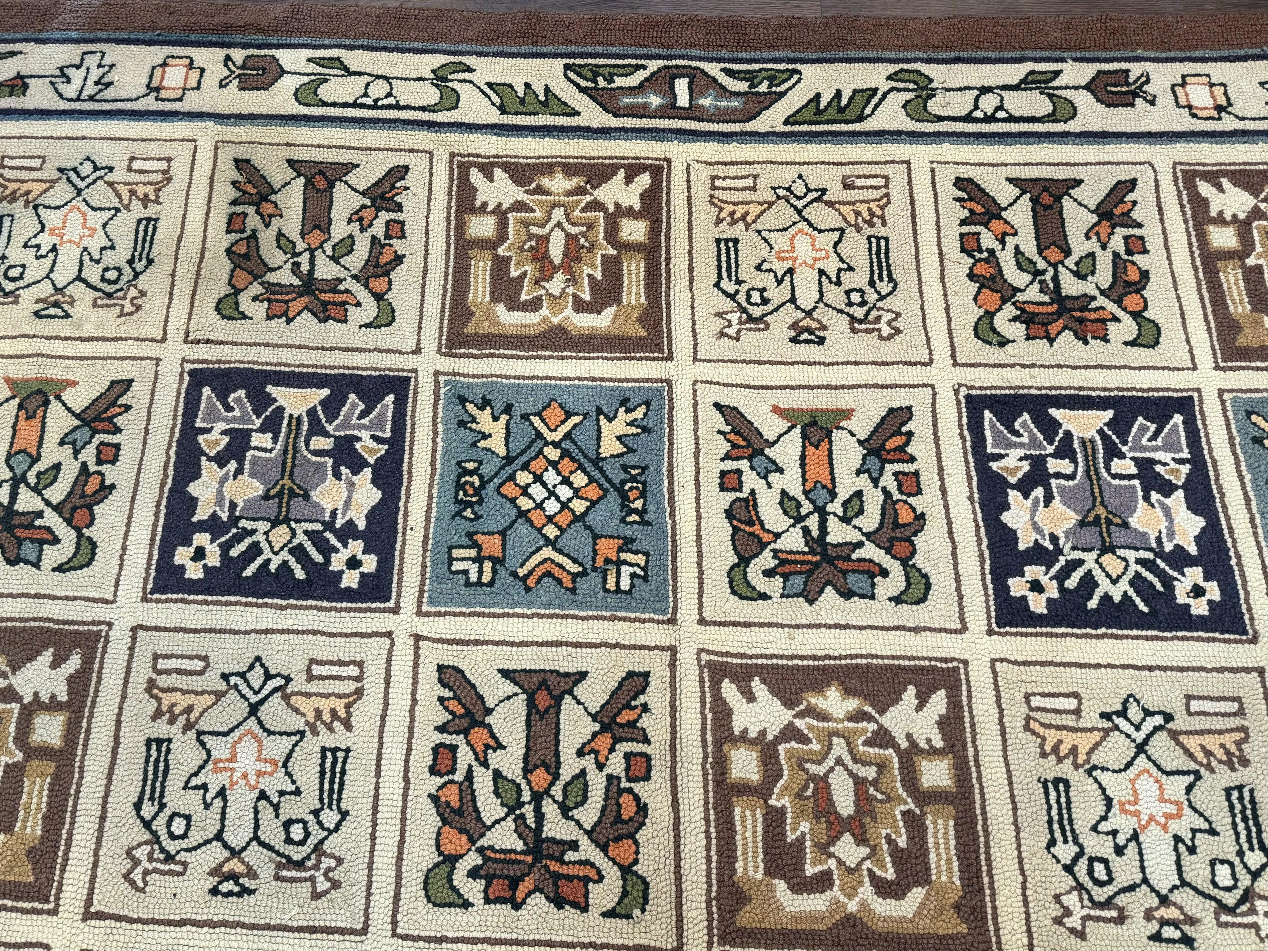 Hooked Rug 8x11, Vintage, American Vintage Hand Hooked Area Rug, Multicolor Panel, Rare - Jewel Rugs