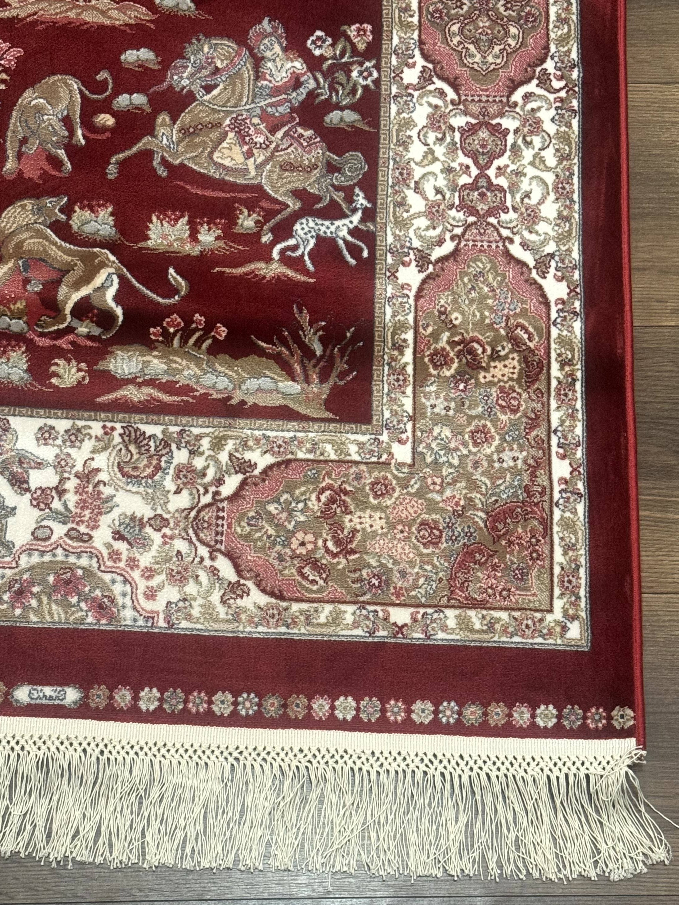 Turkish Silk Rug 2.6 x 6.7, Hunting Design, Short Runner Rug, Red & Ivory, Bamboo Silk, New - Jewel Rugs